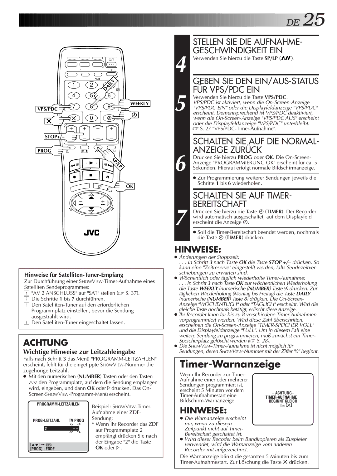 JVC HR-S7500EH manual Für Vps/Pdc Ein, Anzeige Zurück, Schalten SIE AUF Timer, Bereitschaft 