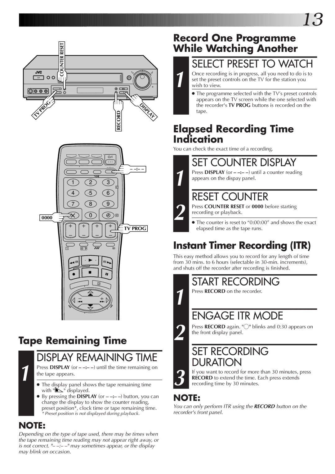 JVC HR-S7500EK Select Preset to Watch, SET Counter Display, Reset Counter, Engage ITR Mode, Display Remaining Time 