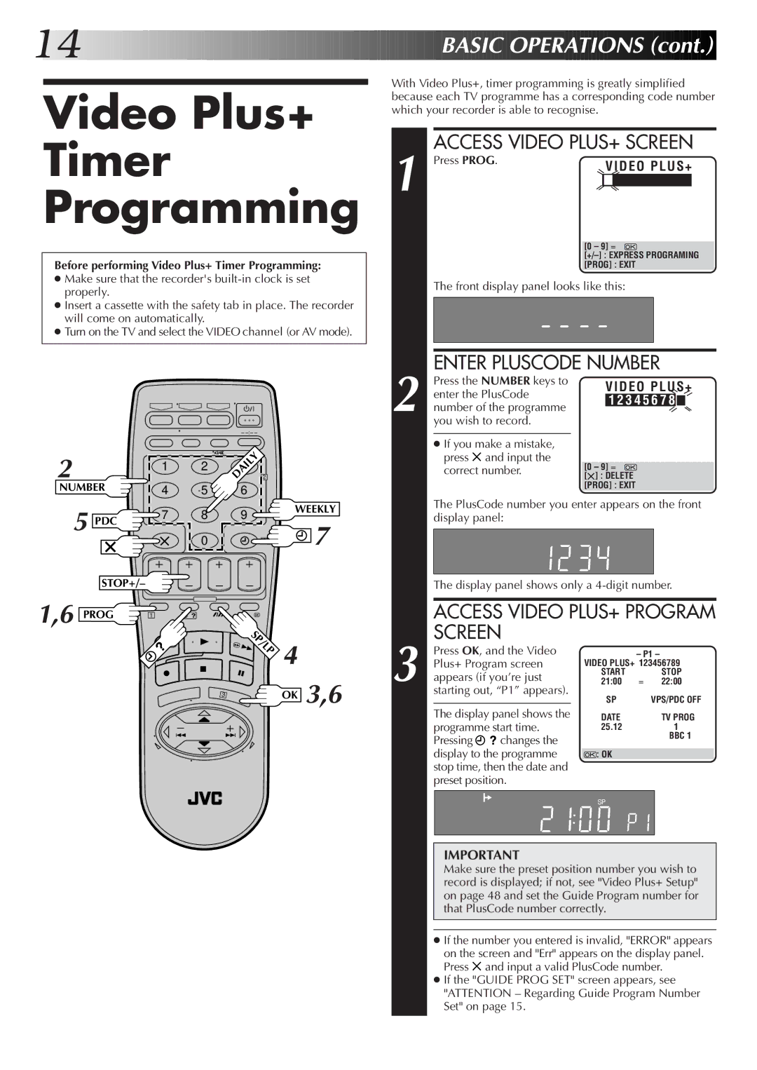 JVC HR-S7500EK setup guide Video Plus+ Timer Programming, Access Video PLUS+ Screen, Enter Pluscode Number 