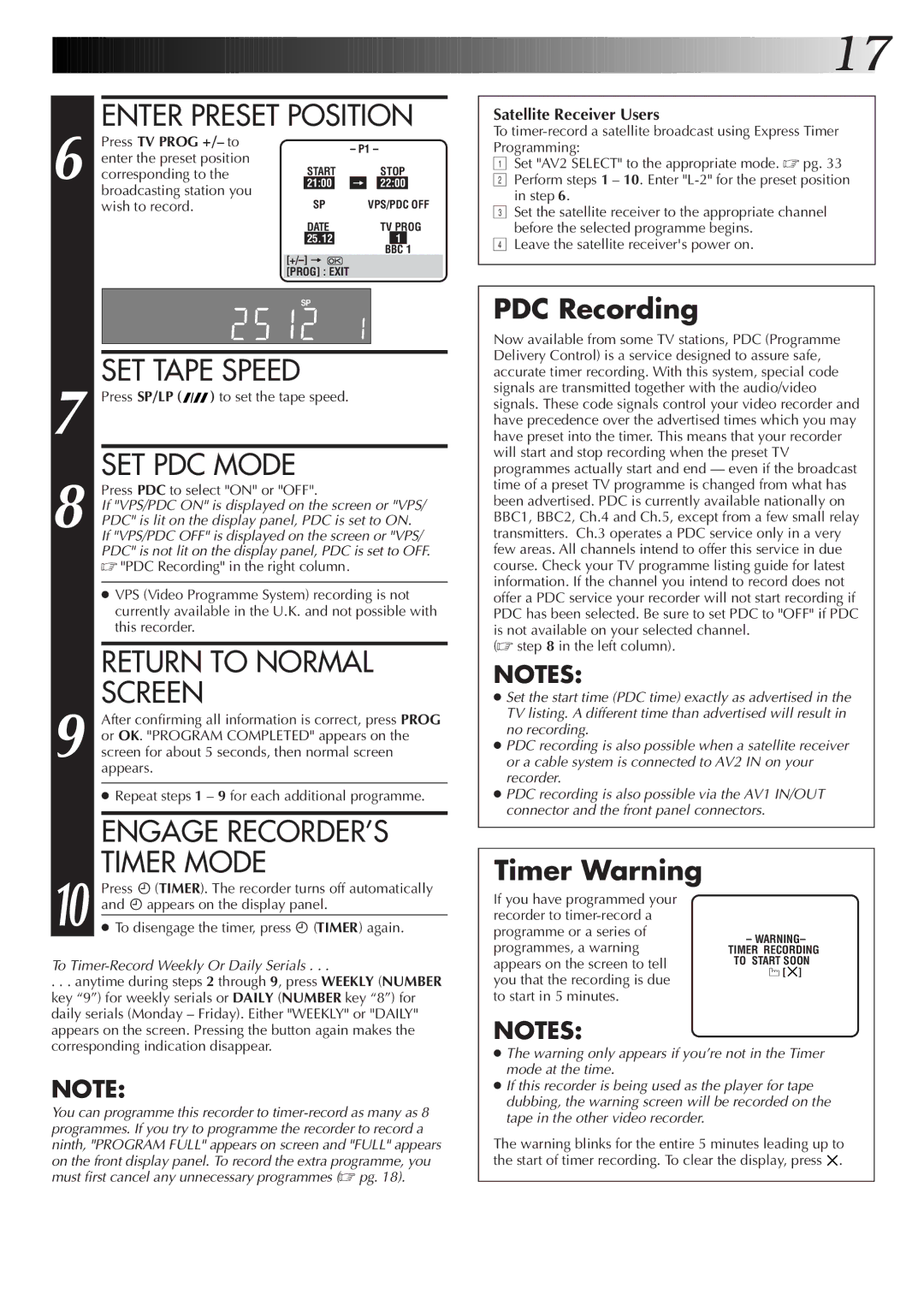 JVC HR-S7500EK setup guide SET PDC Mode, Return to Normal, Screen, Engage RECORDER’S, Timer Mode 