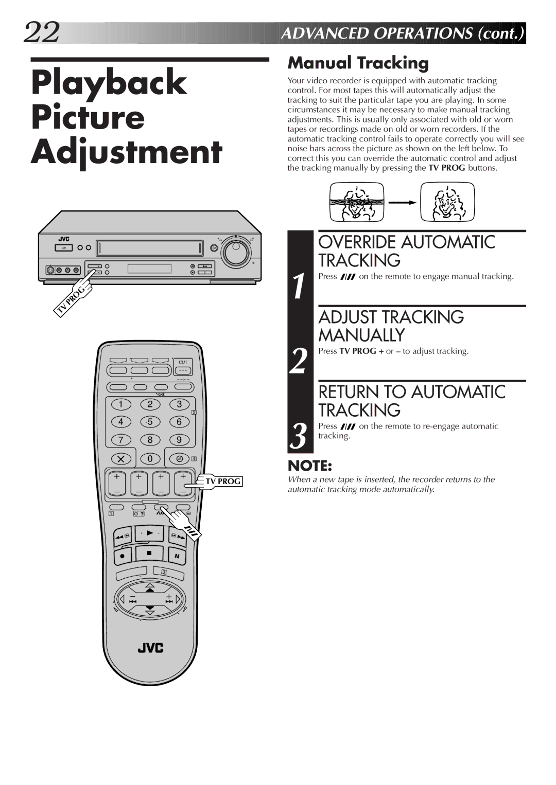 JVC HR-S7500EK Playback Picture Adjustment, Override Automatic Tracking, Adjust Tracking, Manually, Return to Automatic 