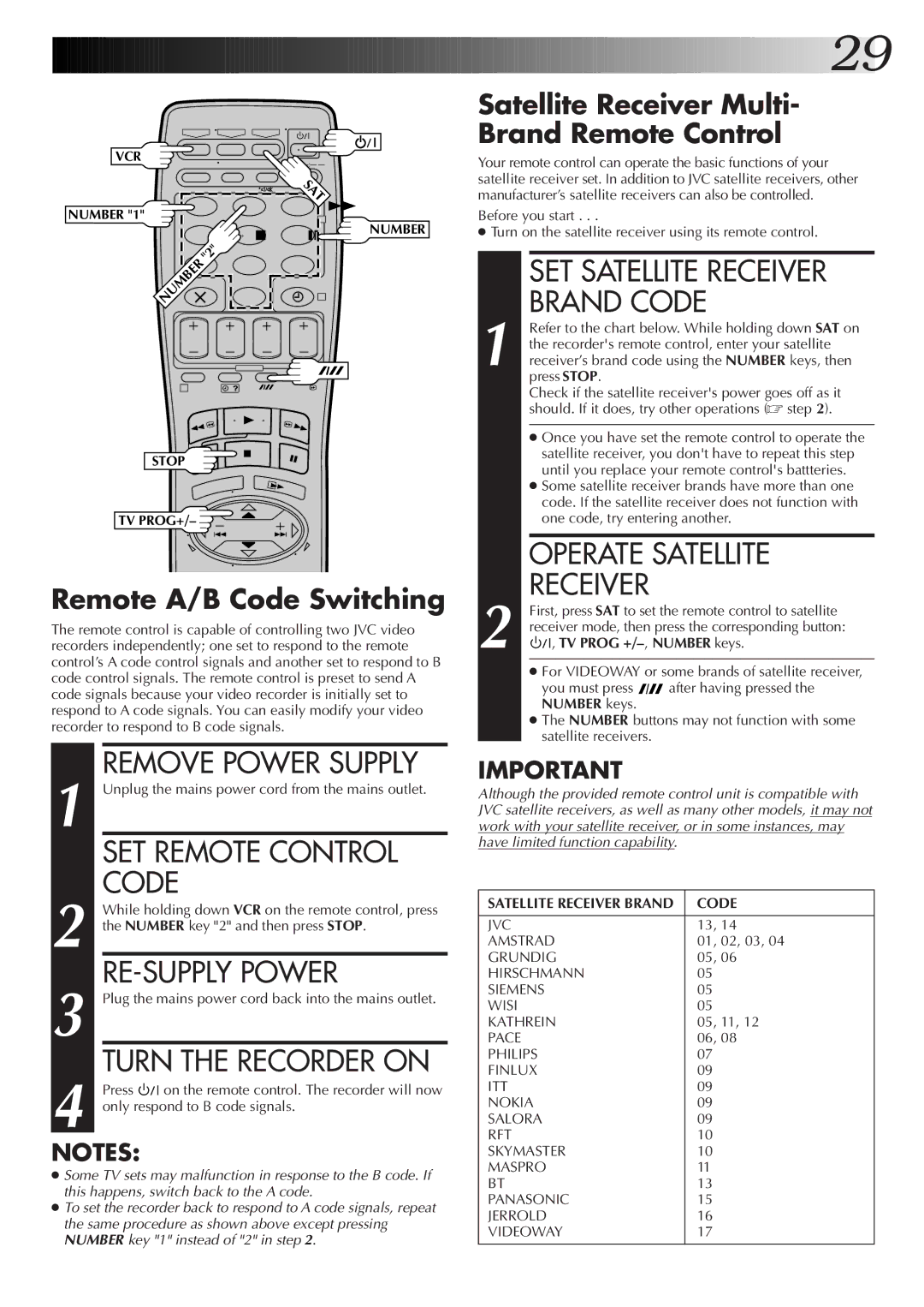 JVC HR-S7500EK SET Remote Control Code, RE-SUPPLY Power, SET Satellite Receiver Brand Code, Operate Satellite Receiver 