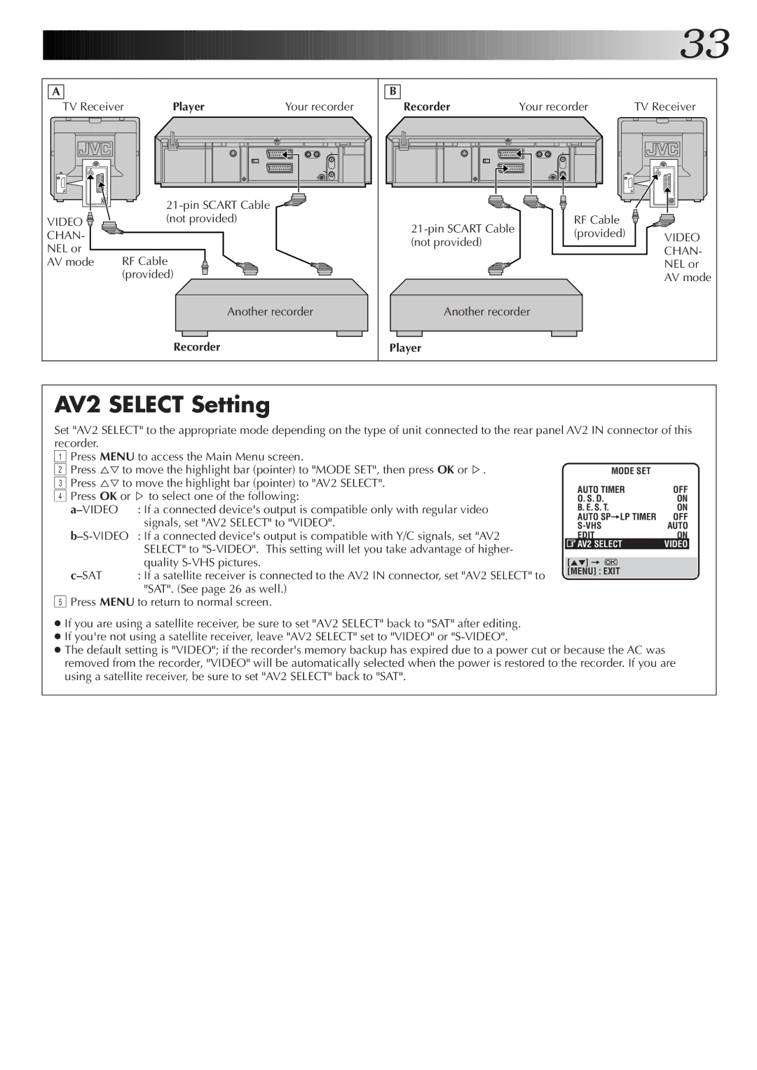 JVC HR-S7500EK setup guide AV2 Select Setting, TV Receiver, Your recorder, SAT. See page 26 as well 