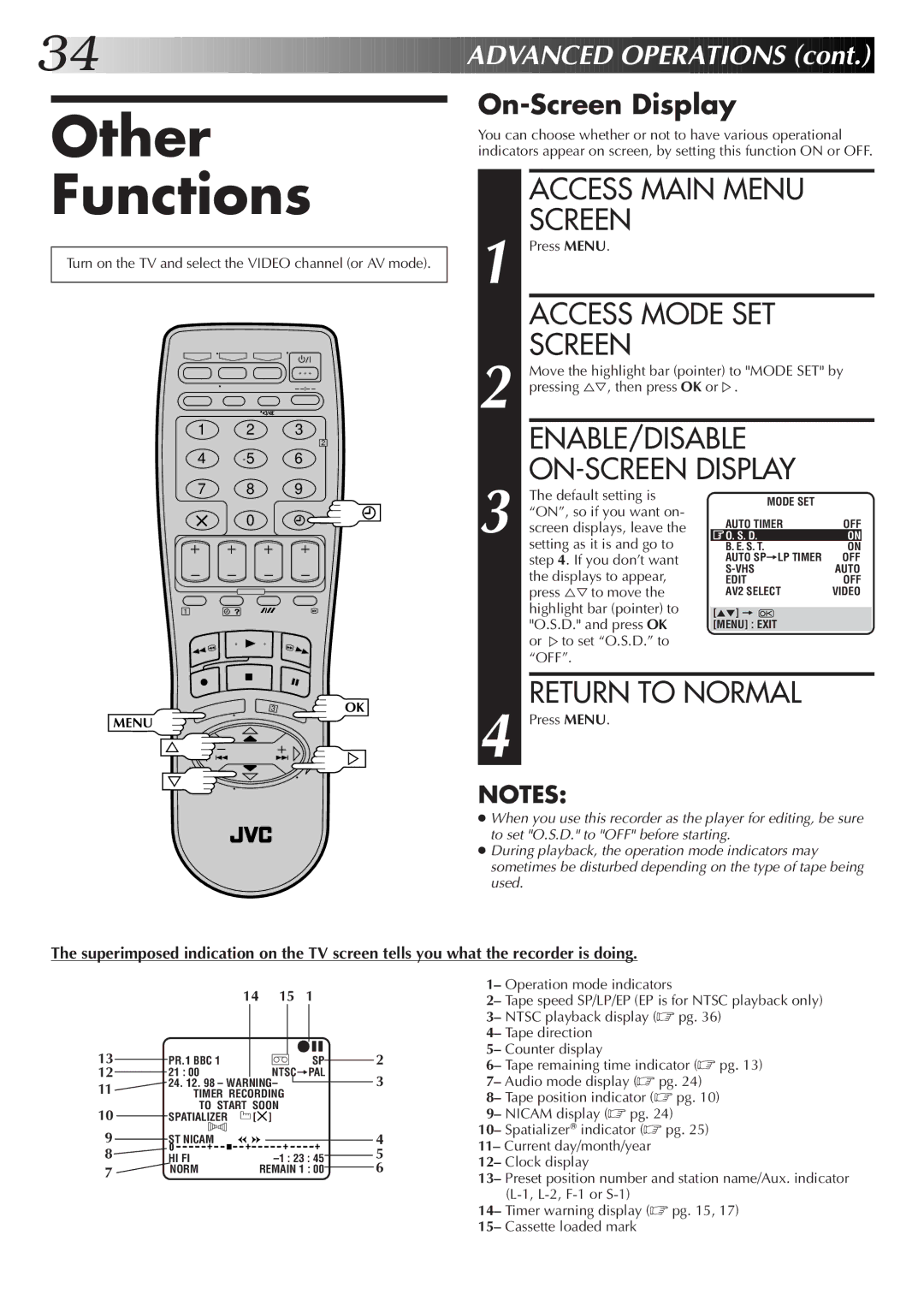 JVC HR-S7500EK Other Functions, Access Main Menu Screen, Access Mode SET Screen, ENABLE/DISABLE ON-SCREEN Display 