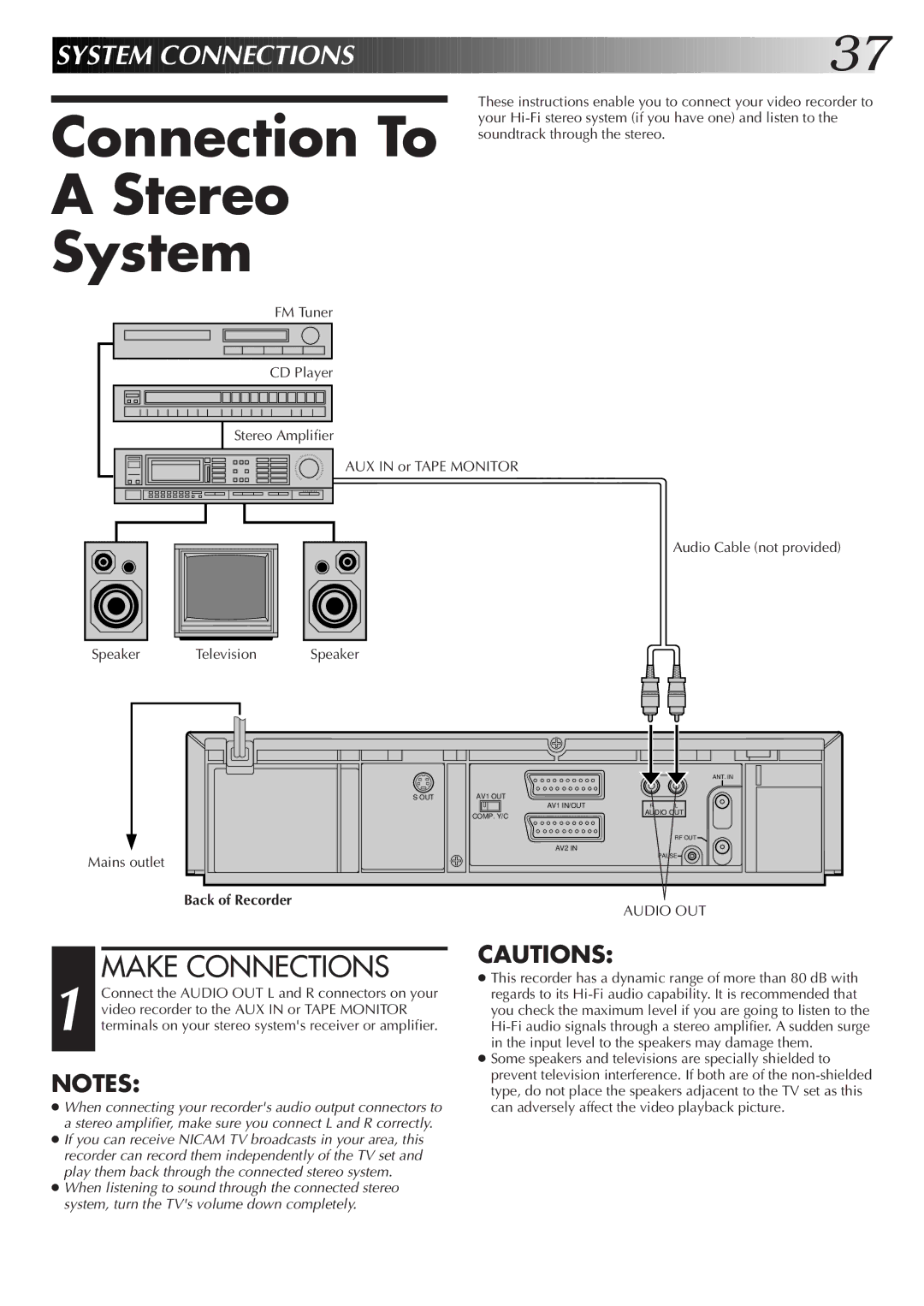 JVC HR-S7500EK setup guide Connection To Stereo System, Audio Cable not provided Speaker 