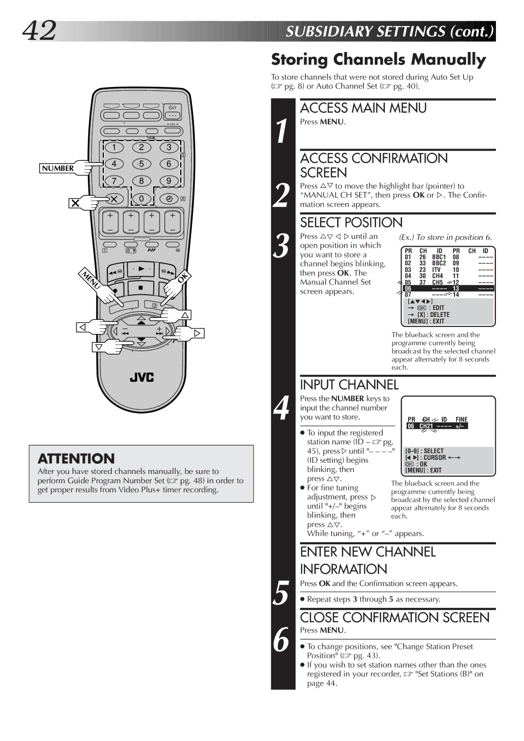 JVC HR-S7500EK setup guide Storing Channels Manually, Enter NEW Channel Information, Close Confirmation Screen 