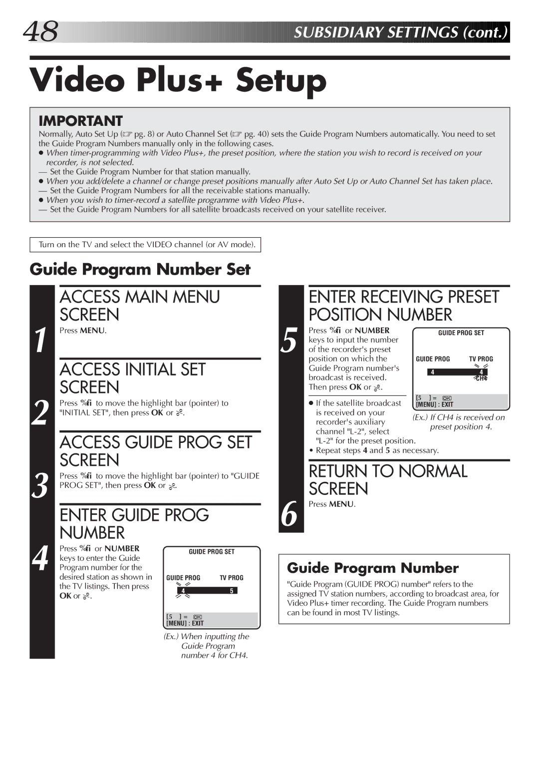 JVC HR-S7500EK setup guide Video Plus+ Setup, Guide Program Number Set 