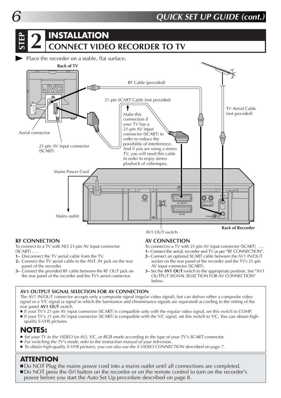 JVC HR-S7500EK setup guide Back of TV, Mains outlet, AV1 OUT switch, Back of Recorder 