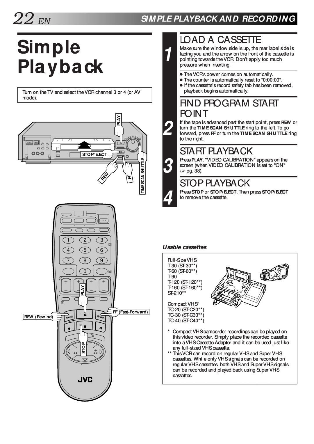 JVC HR-S7500U manual Simple Playback, 22EN, Load A Cassette, Find Program Start Point, Start Playback, Stop Playback 