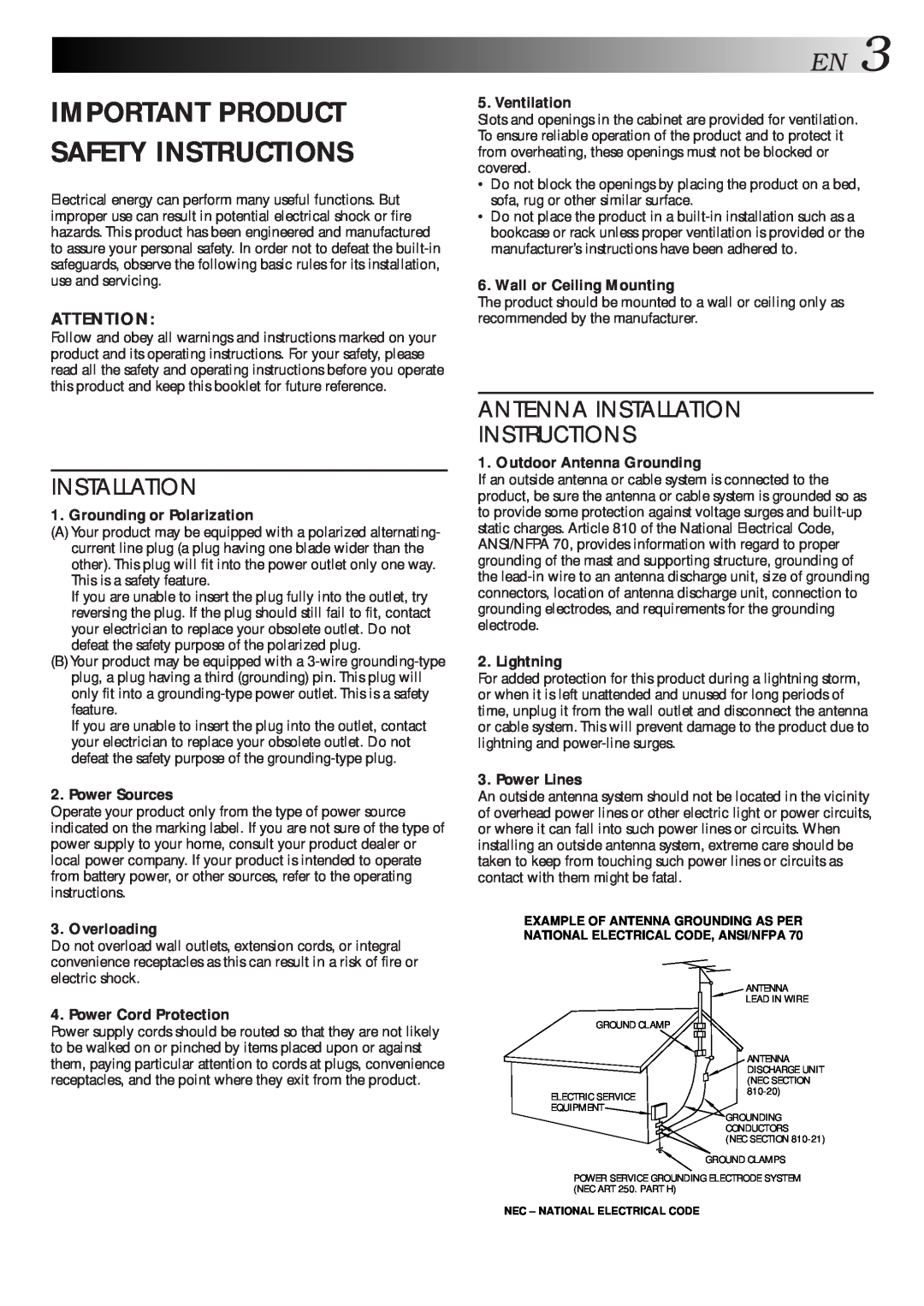 JVC HR-S7500U manual Important Product Safety Instructions, Antenna Installation Instructions 