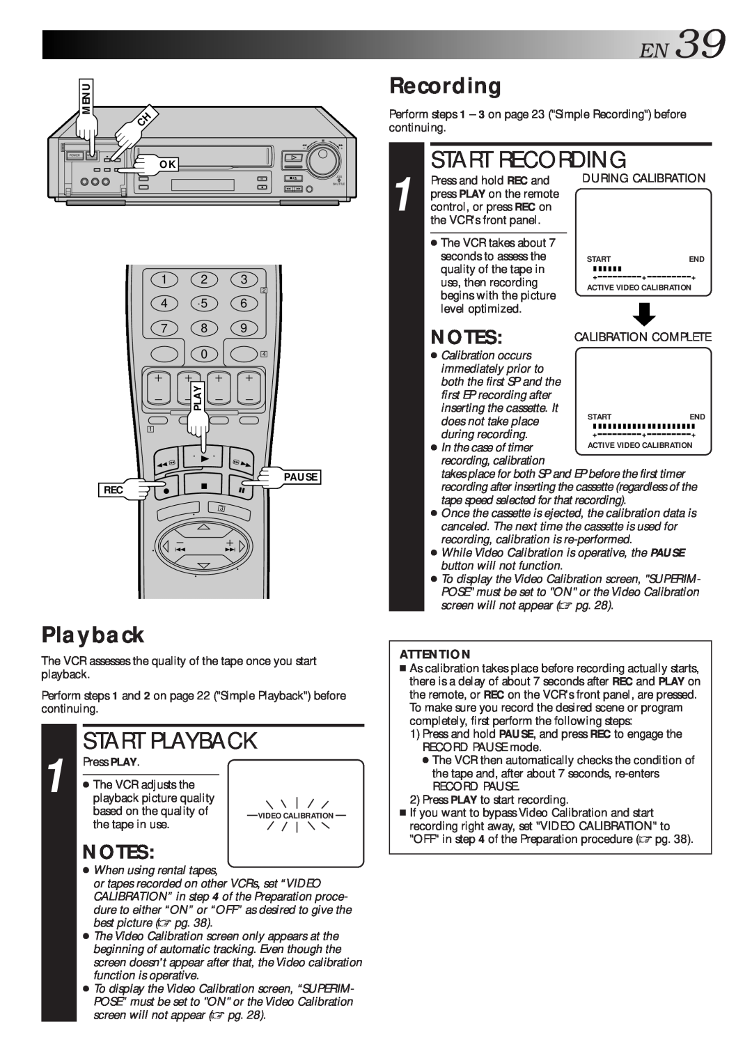 JVC HR-S7500U manual EN39, Start Playback, Start Recording 