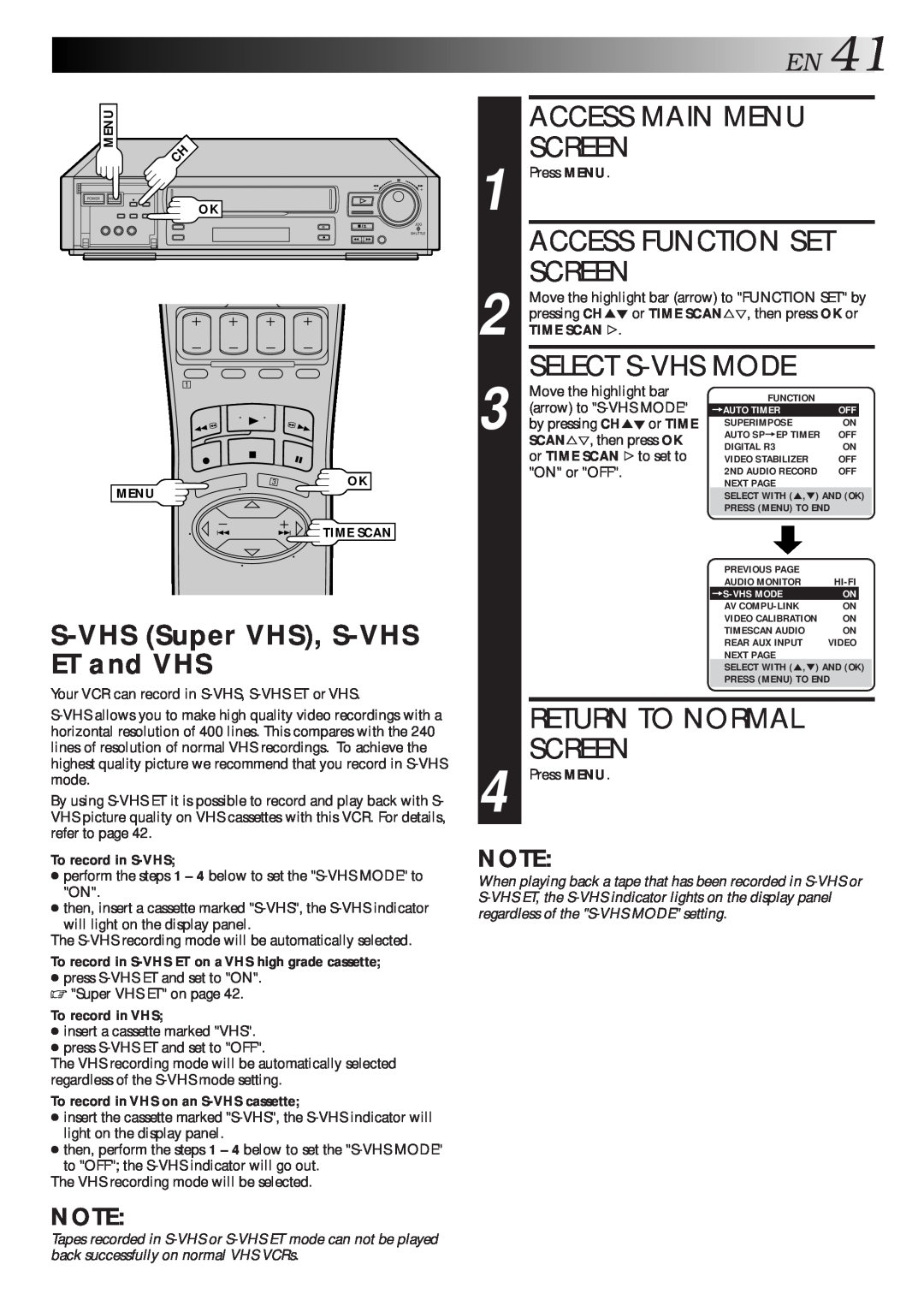 JVC HR-S7500U Access Main Menu, Select S-Vhs Mode, S-VHS Super VHS, S-VHS ET and VHS, EN41, Screen, Access Function Set 