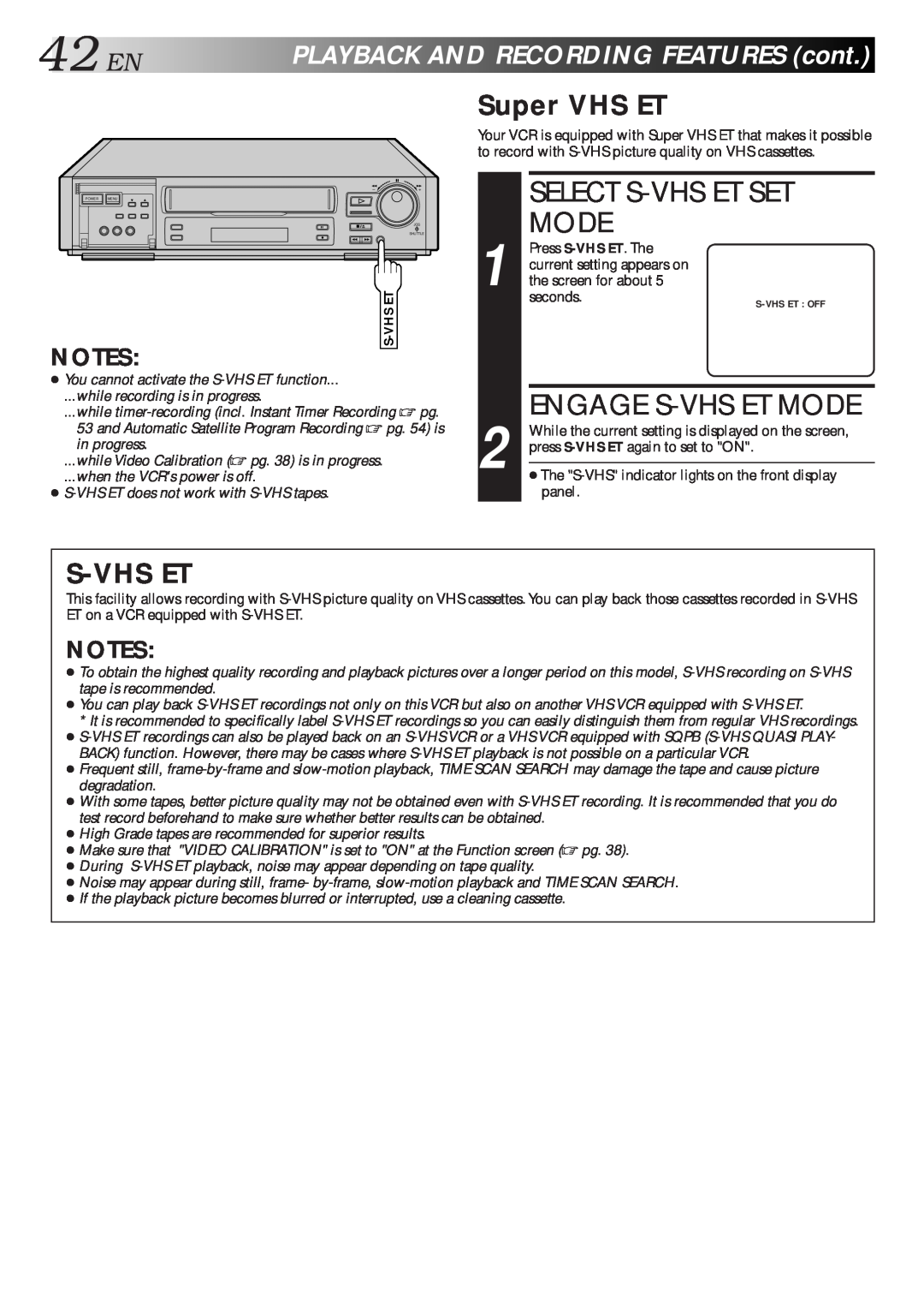 JVC HR-S7500U manual 42EN, Select S-Vhs Et Set Mode, Engage S-Vhs Et Mode, Super VHS ET, PLAYBACKANDRECORDINGFEATUREScont 