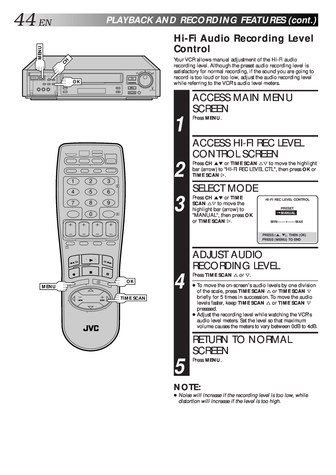 JVC HR-S7500U manual 44EN, Control Screen, Adjust Audio, Hi-Fi Audio Recording Level Control, Access Hi-Fi Rec Level 