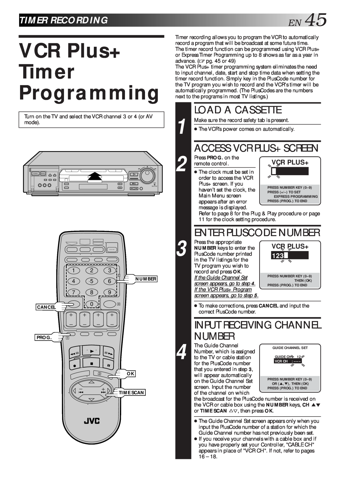 JVC HR-S7500U manual VCR Plus+ Timer Programming, Timerrecording, EN45, Enter Pluscode Number, Input Receiving Channel 