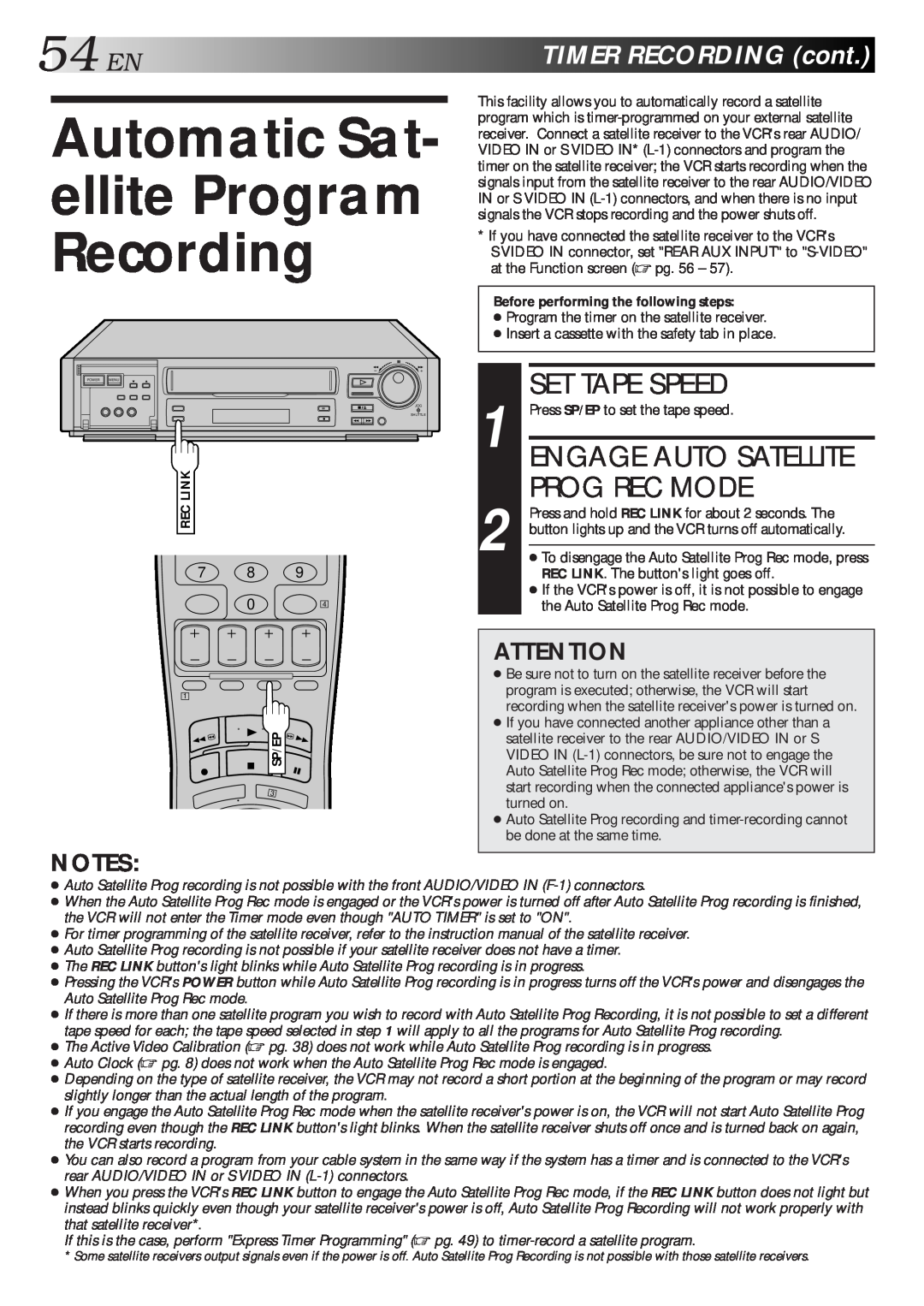 JVC HR-S7500U manual Automatic Sat- ellite Program Recording, Prog Rec Mode, 54ENTIMERRECORDINGcont, Engage Auto Satellite 
