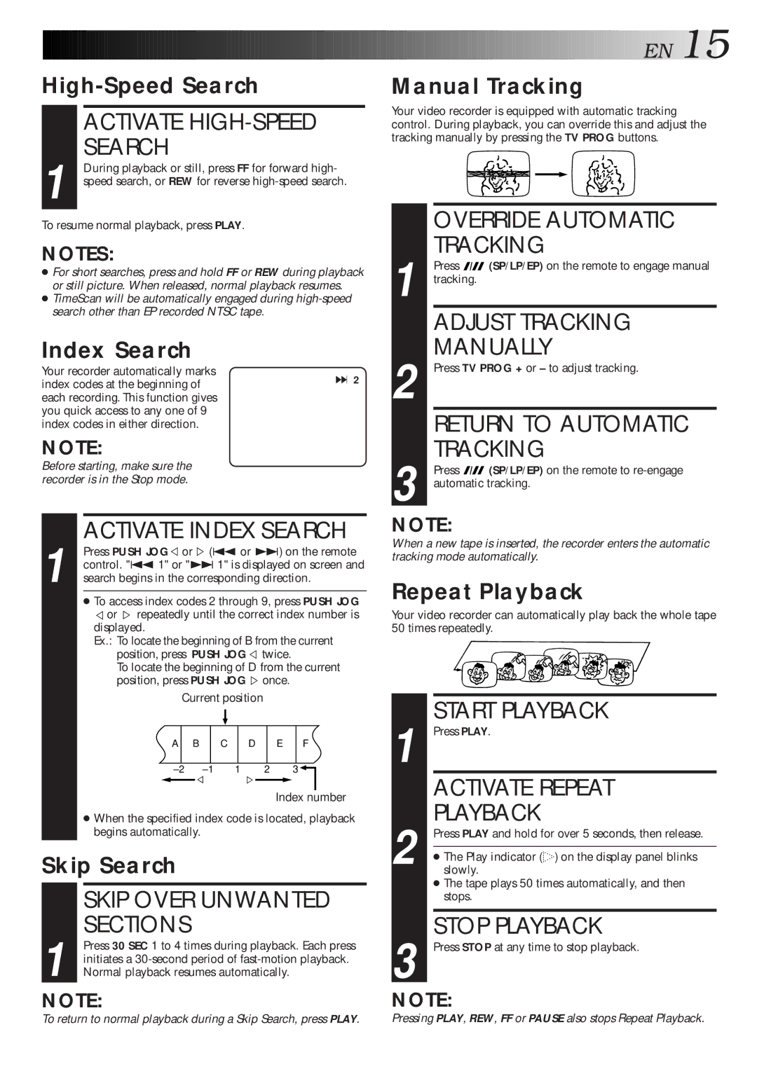 JVC HR-S7600AM Activate HIGH-SPEED Search, Skip Over Unwanted, Sections, Override Automatic Tracking, Activate Repeat 