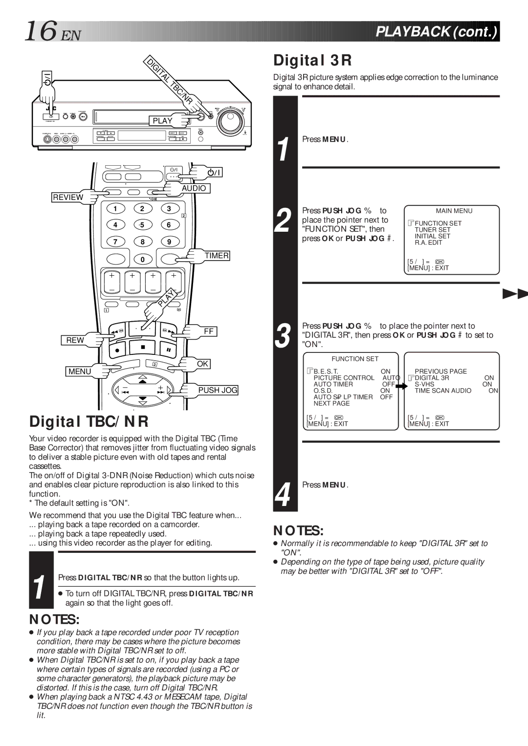 JVC HR-S7600AM specifications Access Main Menu, Activate Digital TBC/NR, Digital 3R 