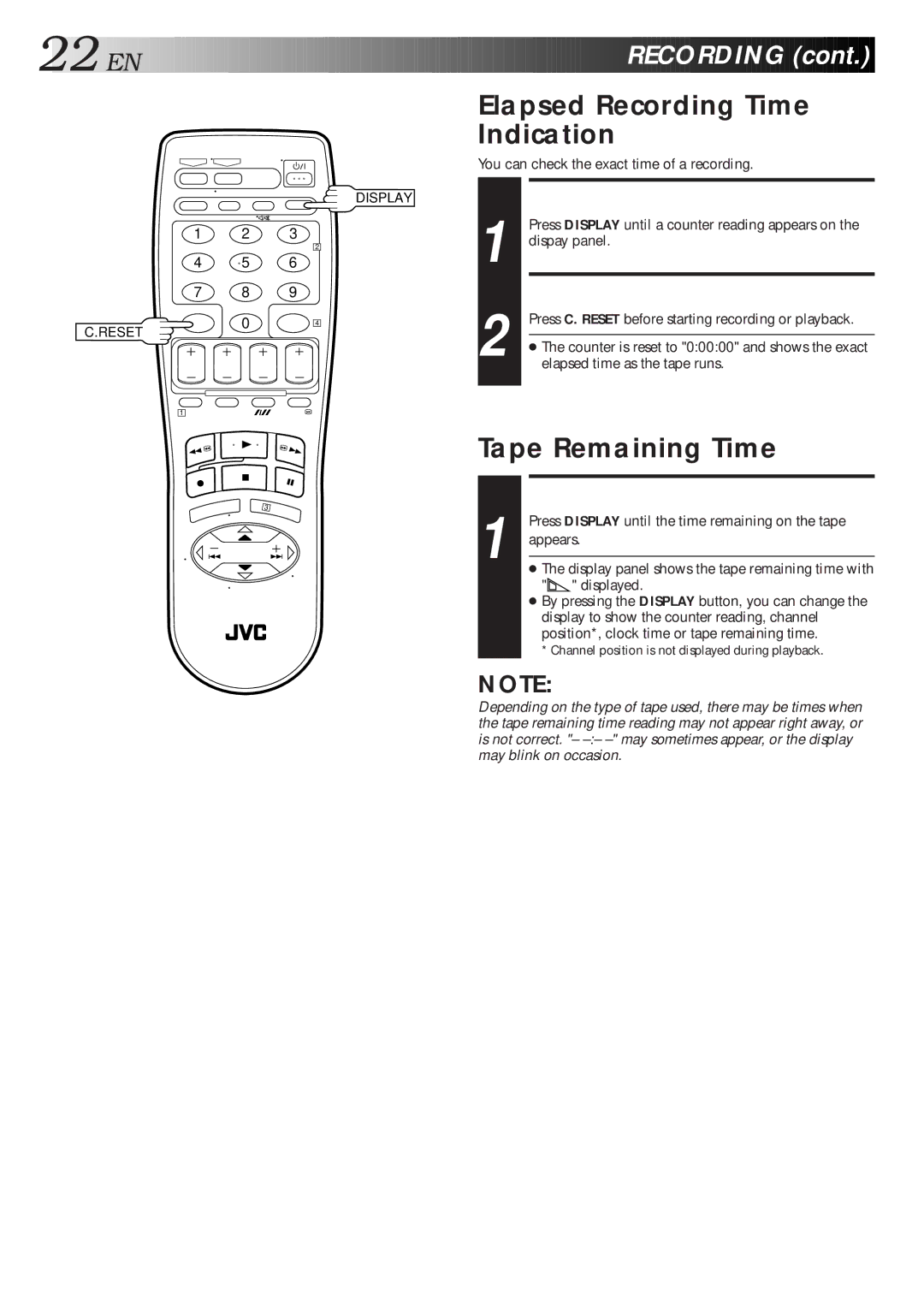 JVC HR-S7600AM specifications SET Counter Display, Reset Counter, Display Remaining Time, Elapsed Recording Time Indication 