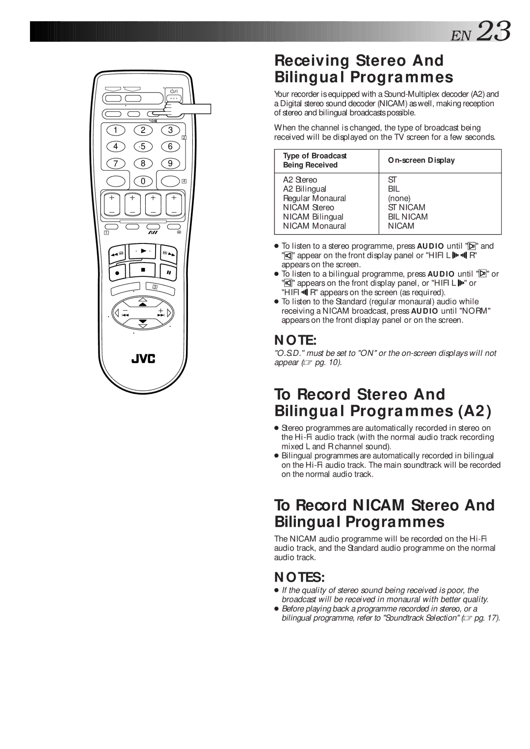 JVC HR-S7600AM Receiving Stereo Bilingual Programmes, To Record Stereo And Bilingual Programmes A2, Type of Broadcast 