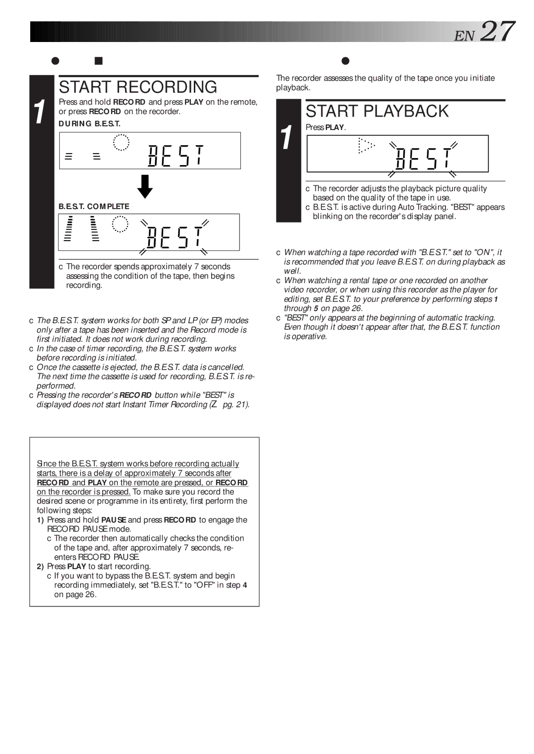 JVC HR-S7600AM specifications Recording, Playback, Or press Record on the recorder, During B.E.S.T, S.T. Complete 