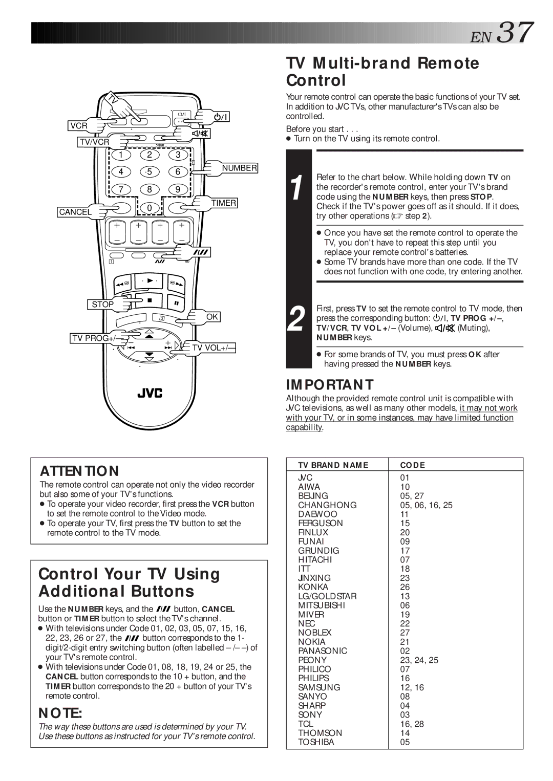 JVC HR-S7600AM specifications SET TV Brand Code, Operate TV, TV Multi-brand Remote Control, TV Brand Name Code 