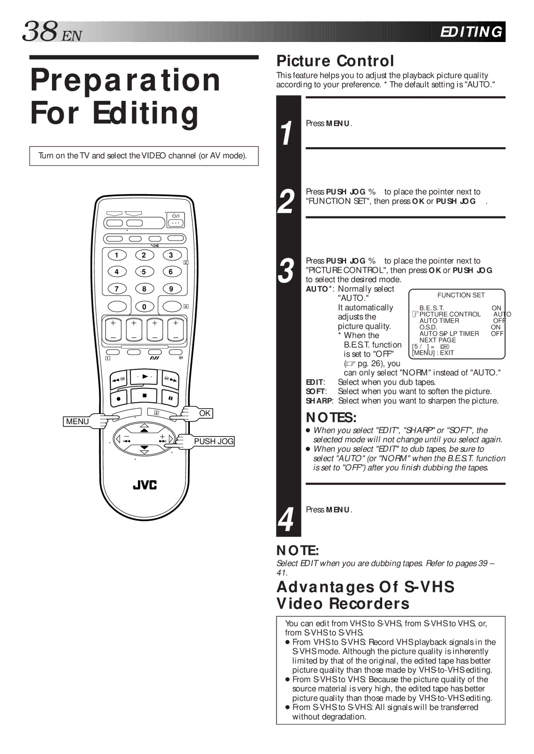 JVC HR-S7600AM specifications Preparation For Editing, SET Mode, Picture Control, Return to Normal Screen 