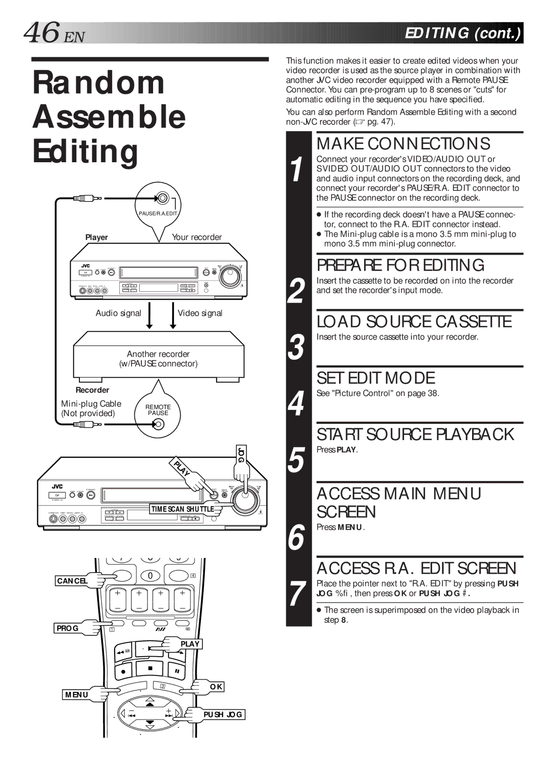 JVC HR-S7600AM specifications Random Assemble Editing, Access R.A. Edit Screen, Audio signal Video signal, Cancel 