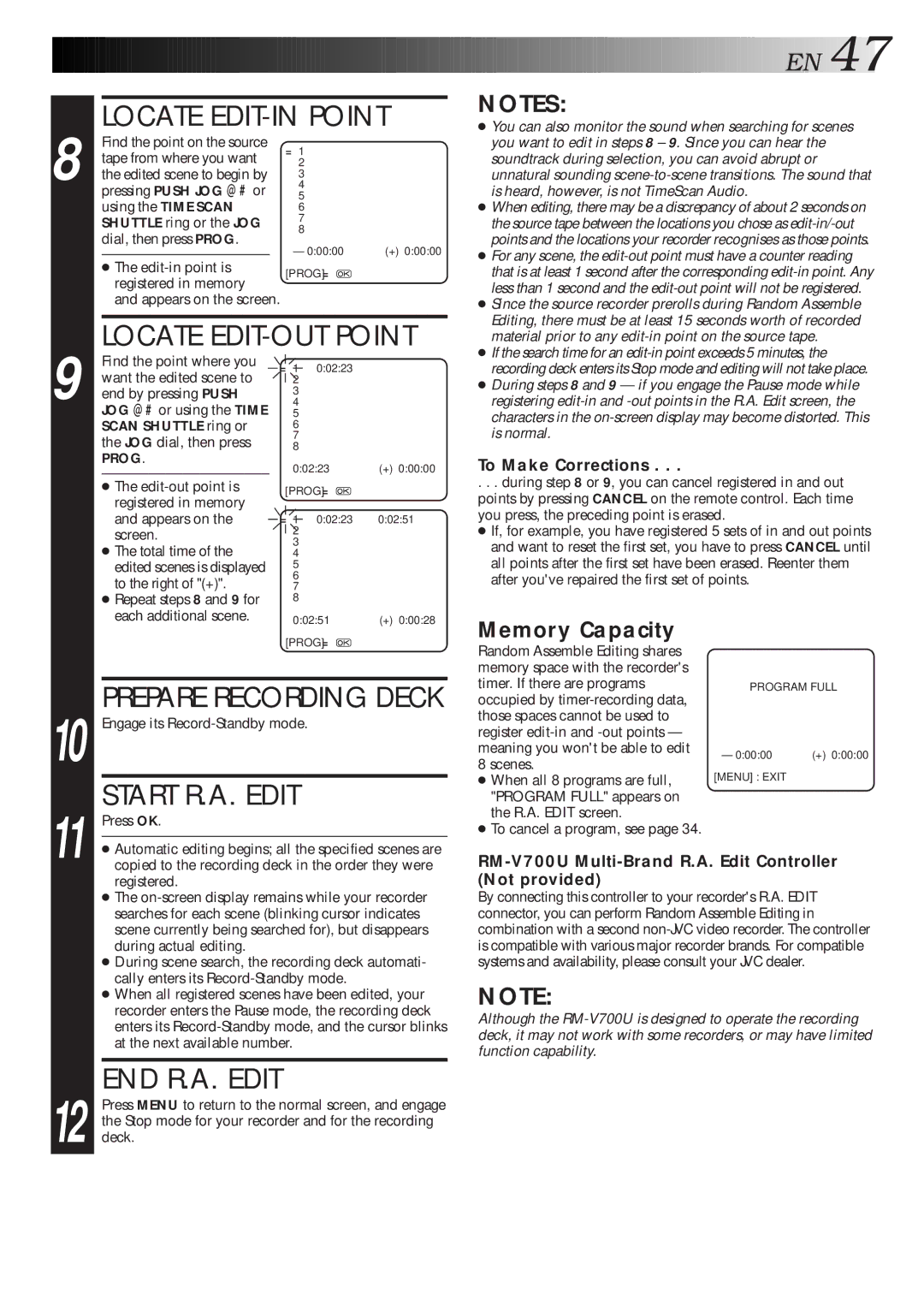 JVC HR-S7600AM Locate EDIT-IN Point, Locate EDIT-OUT Point, Start R.A. Edit, END R.A. Edit, Prepare Recording Deck 