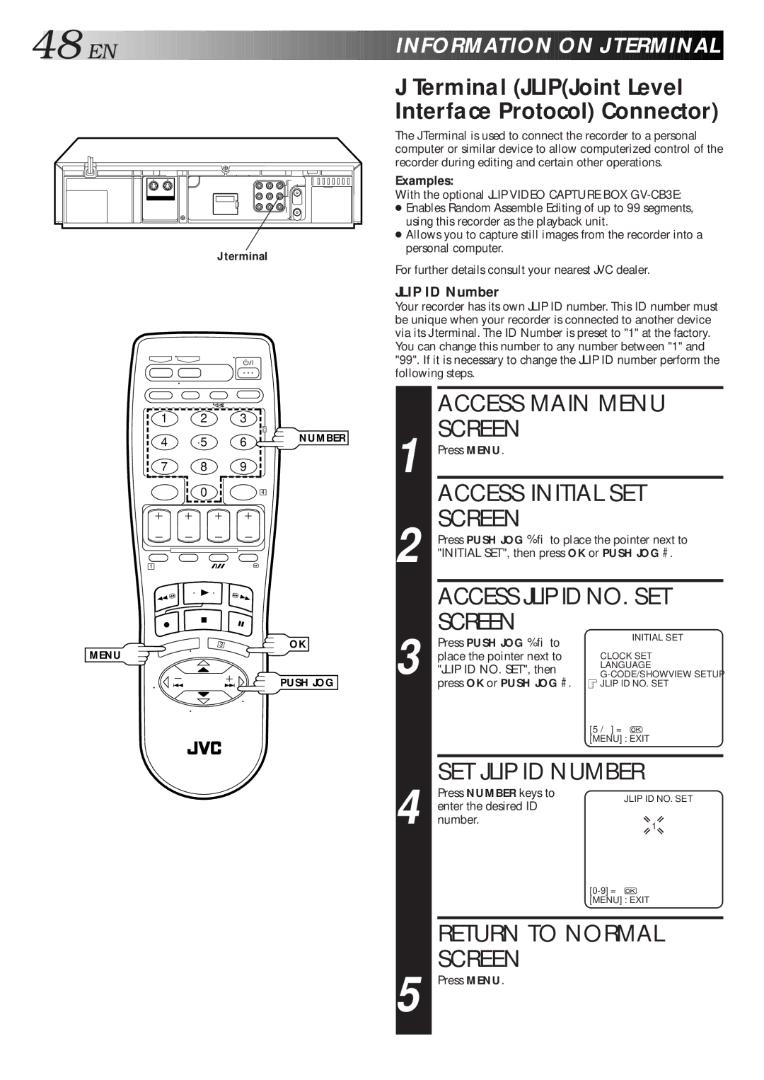 JVC HR-S7600AM Access Initial SET, Access Jlip ID NO. SET Screen, Terminal JLIPJoint Level Interface Protocol Connector 