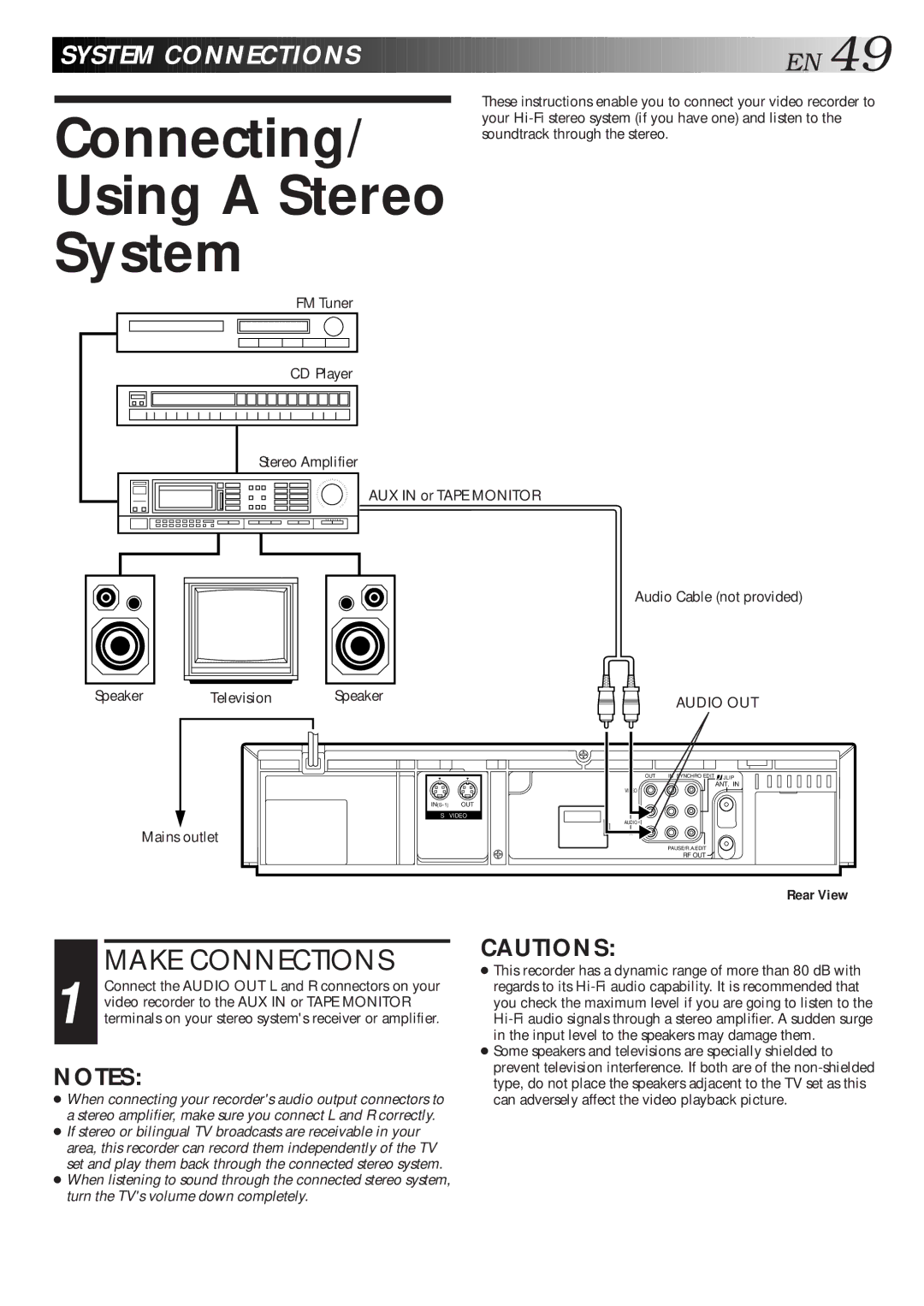 JVC HR-S7600AM specifications Connecting Using a Stereo System, Audio Cable not provided 