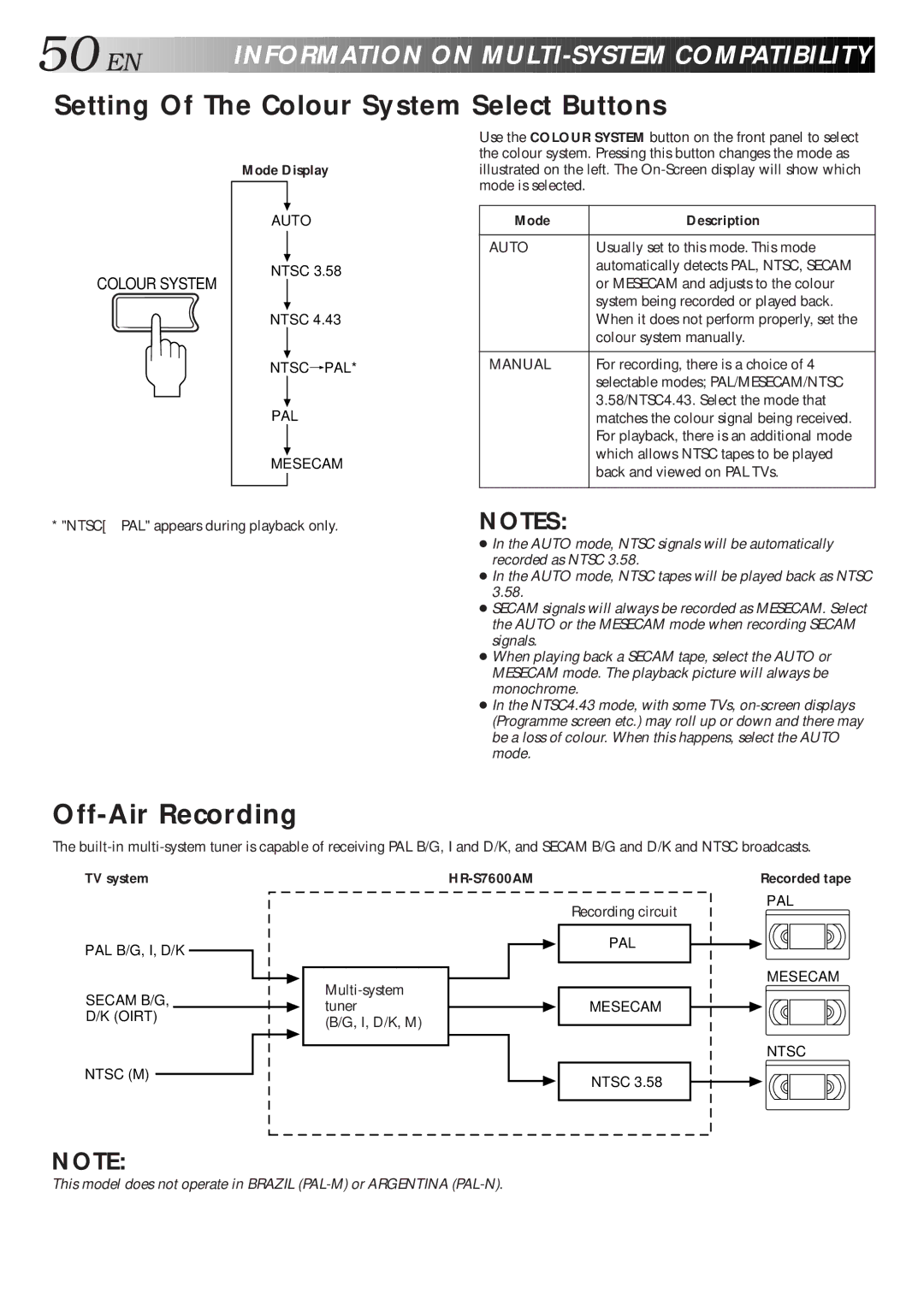 JVC HR-S7600AM Setting Of The Colour System Select Buttons, Off-Air Recording, Mode Display, Mode Description 