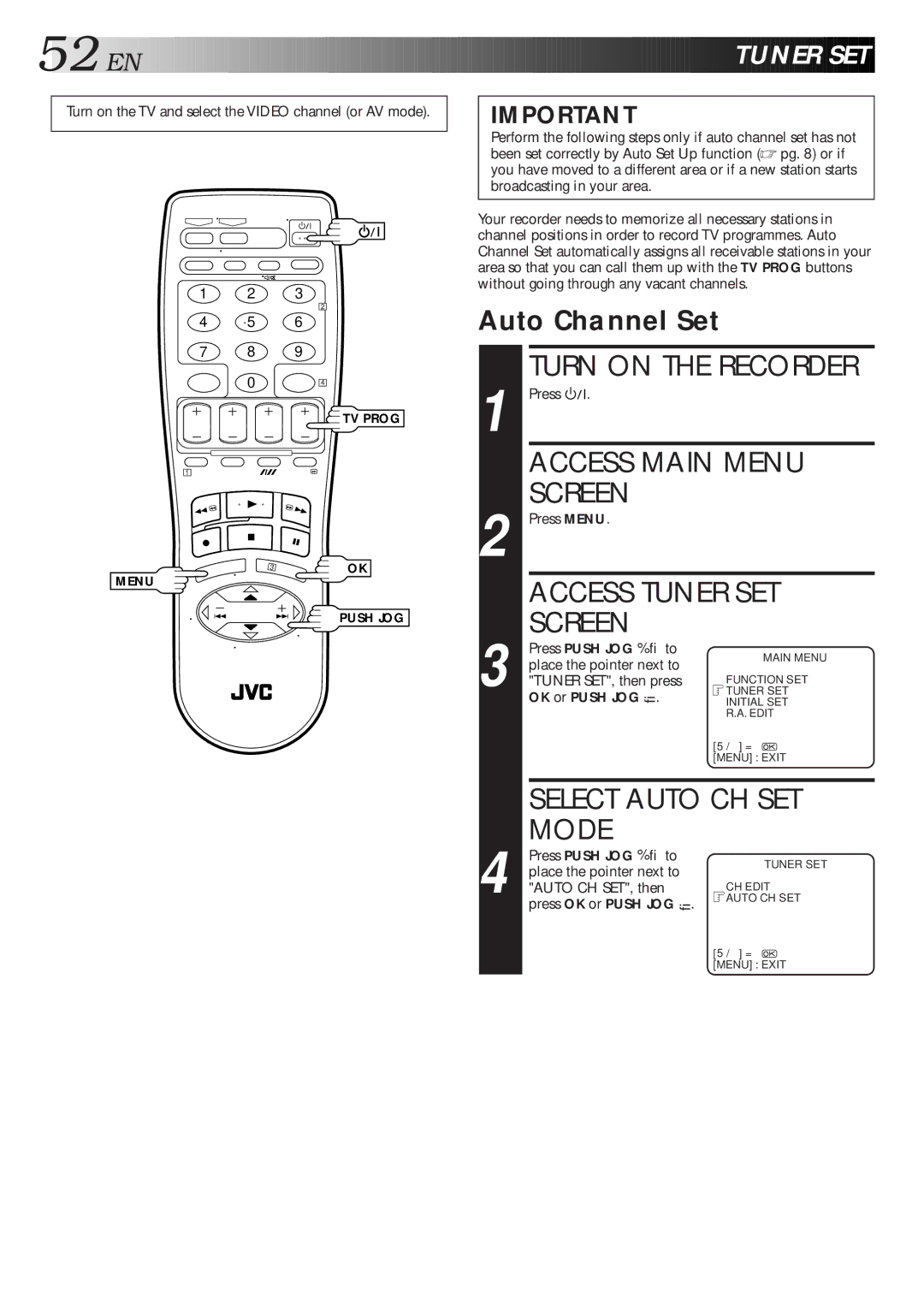 JVC HR-S7600AM specifications Auto Channel Set, Tuner SET, then press, OK or Push Jogþ, Auto CH SET, then 