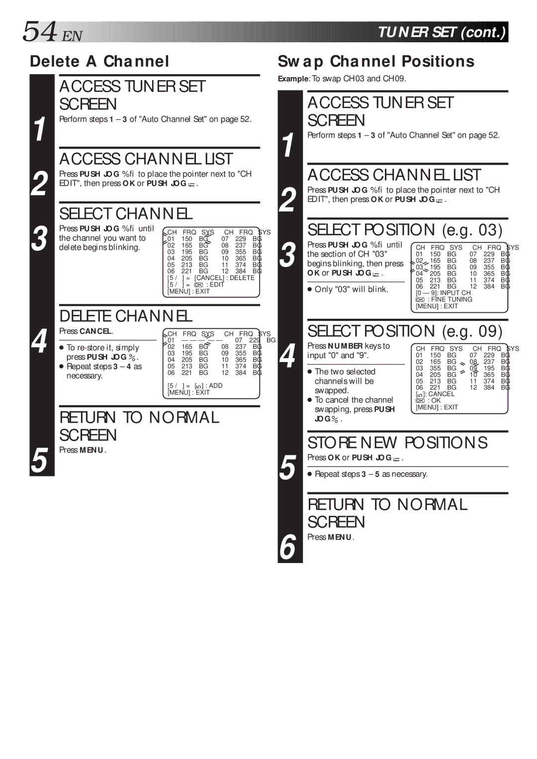 JVC HR-S7600AM specifications Delete a Channel, Swap Channel Positions, Jog% 