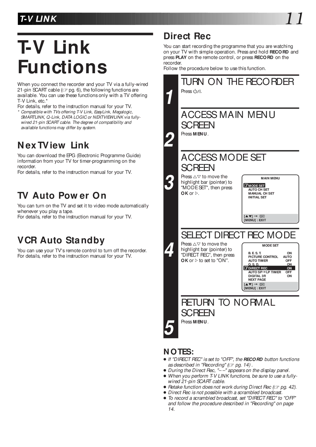 JVC HR-S7600EK Link Functions, Turn on the Recorder, NexTView Link, TV Auto Power On, VCR Auto Standby Direct Rec 