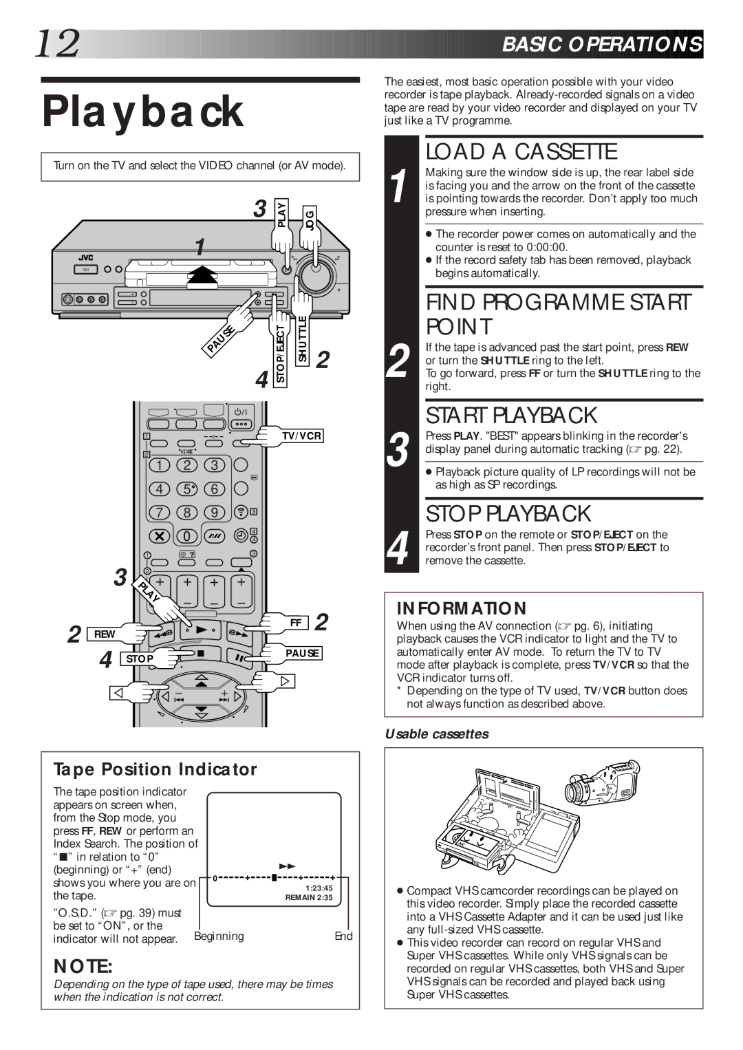 JVC HR-S7600EK setup guide Load a Cassette, Point, Start Playback, Stop Playback 