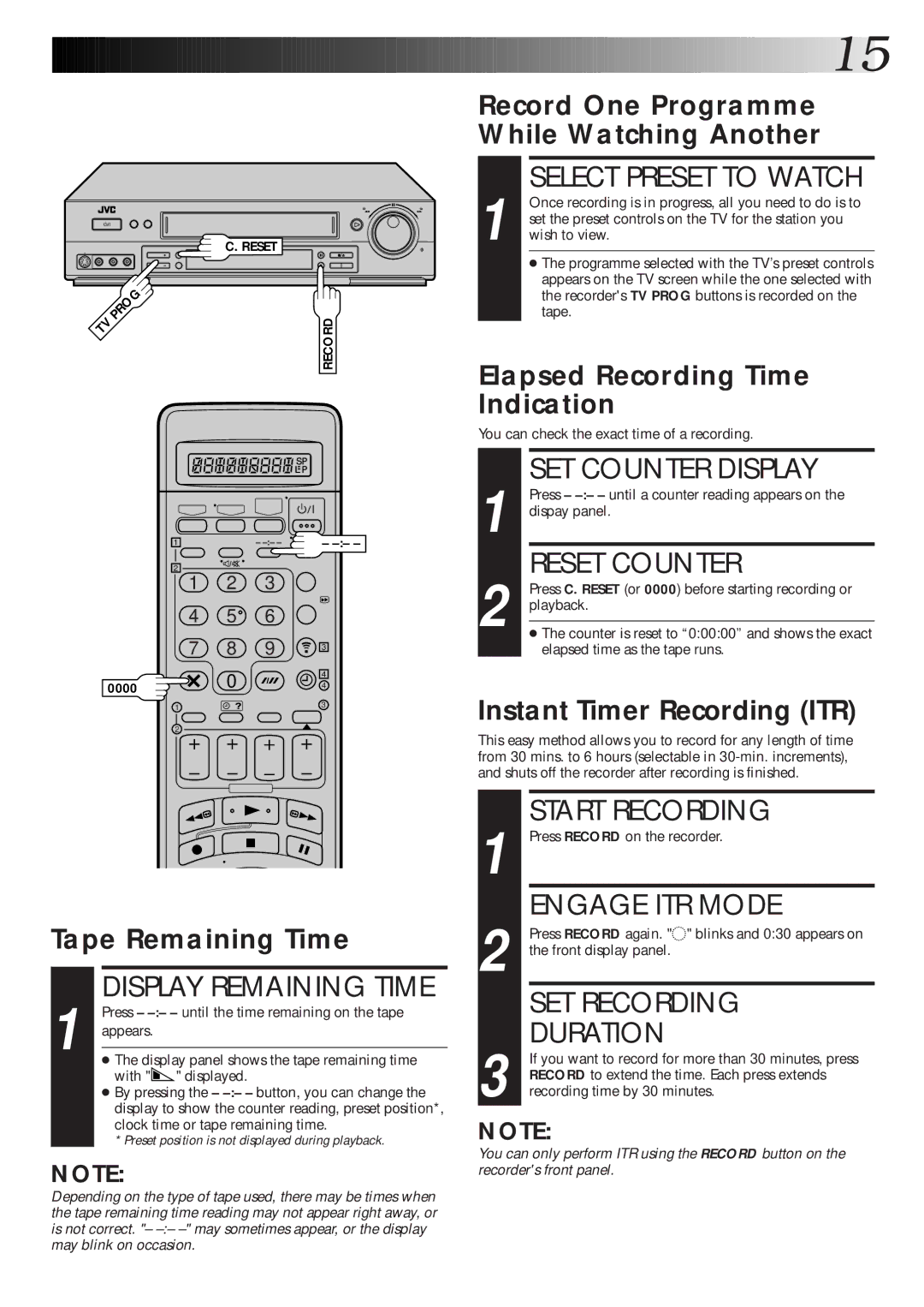 JVC HR-S7600EK Select Preset to Watch, SET Counter Display, Reset Counter, Display Remaining Time, Engage ITR Mode 