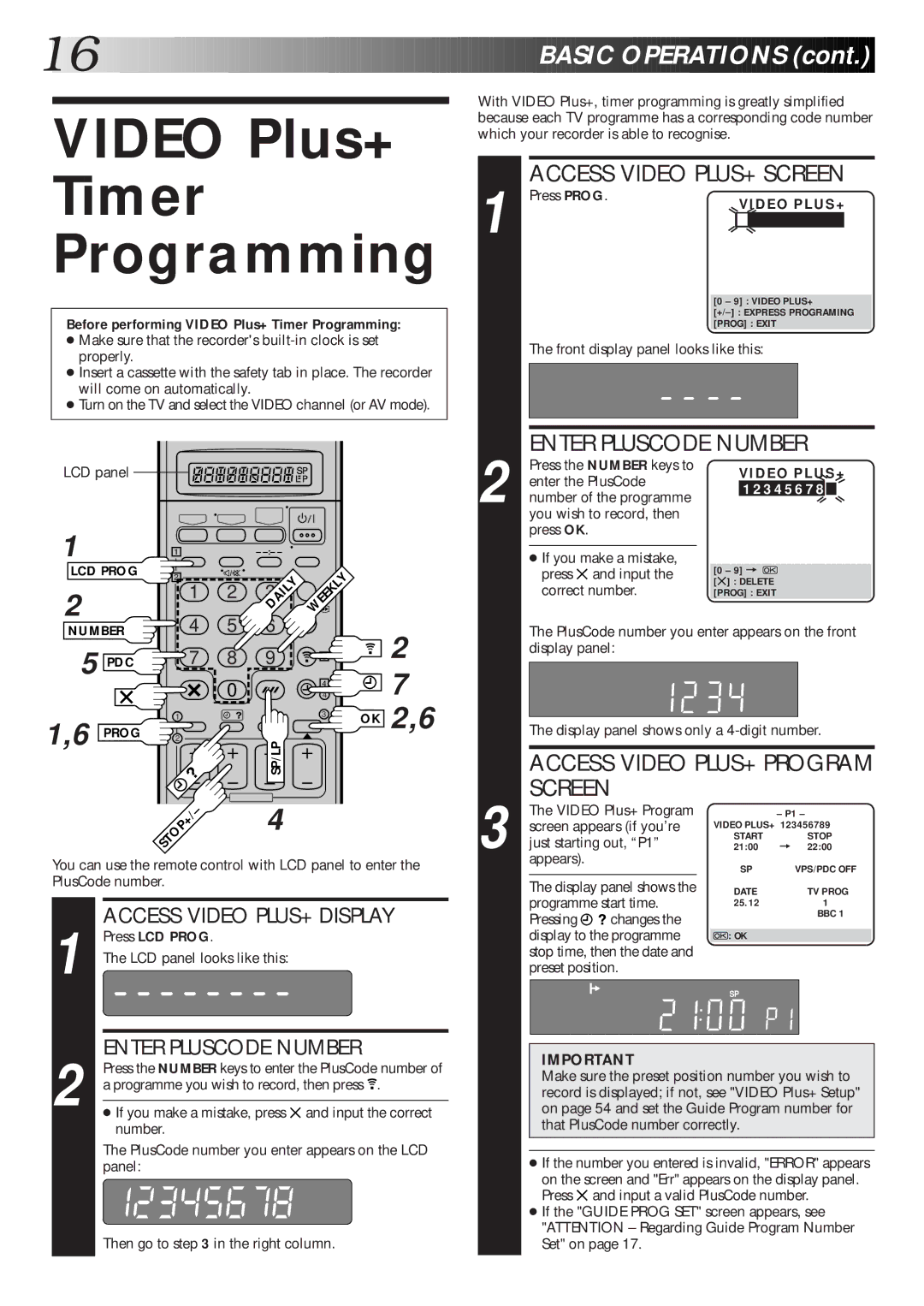 JVC HR-S7600EK setup guide Video Plus+ Timer Programming, Access Video PLUS+ Screen, Enter Pluscode Number 