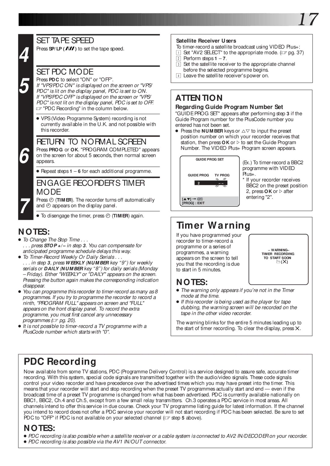 JVC HR-S7600EK setup guide Timer Warning, PDC Recording 