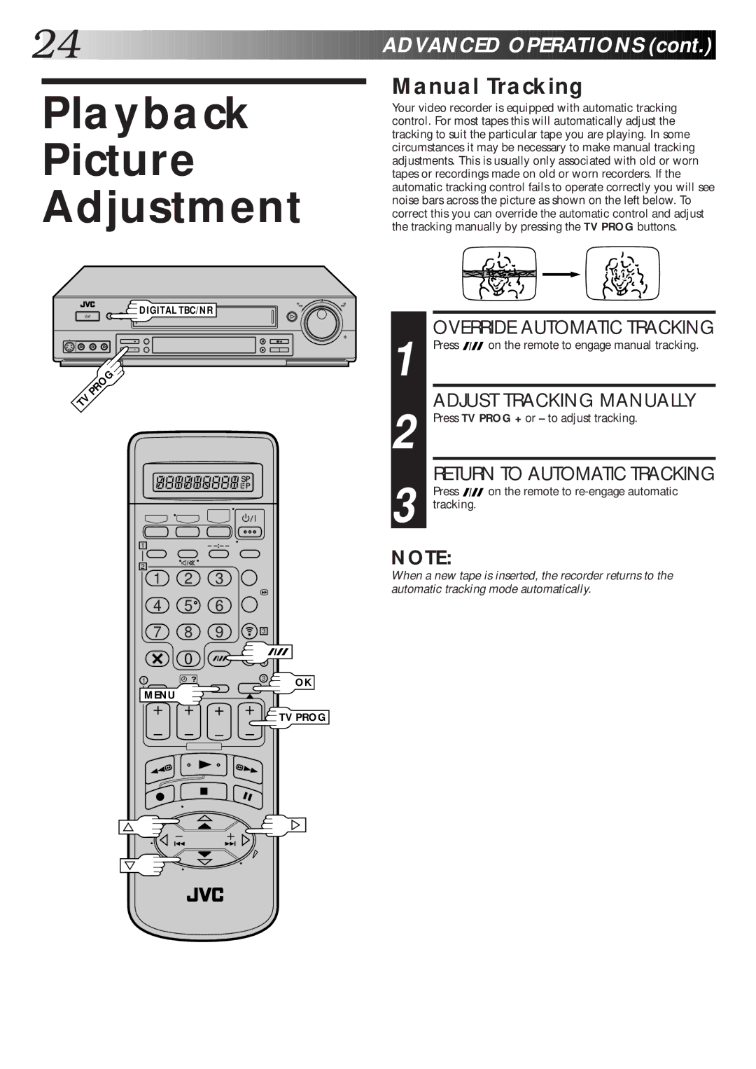 JVC HR-S7600EK Playback Picture Adjustment, Manual Tracking, Override Automatic Tracking, Adjust Tracking Manually 