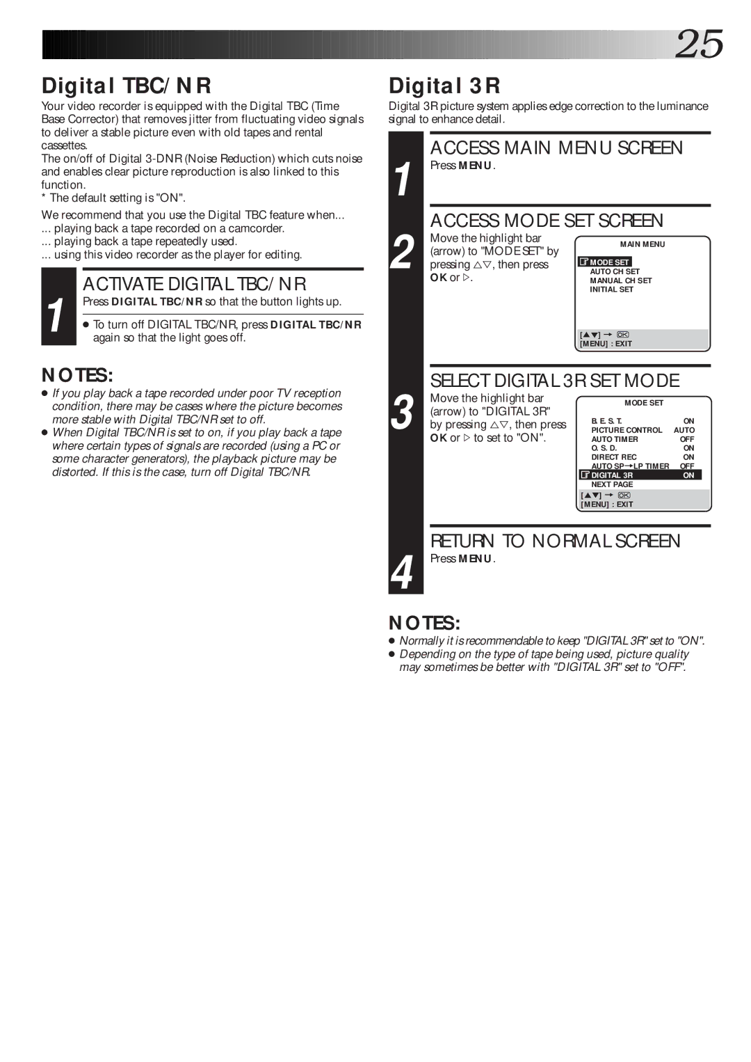 JVC HR-S7600EK setup guide Digital 3R, Activate Digital TBC/NR, Access Main Menu Screen 