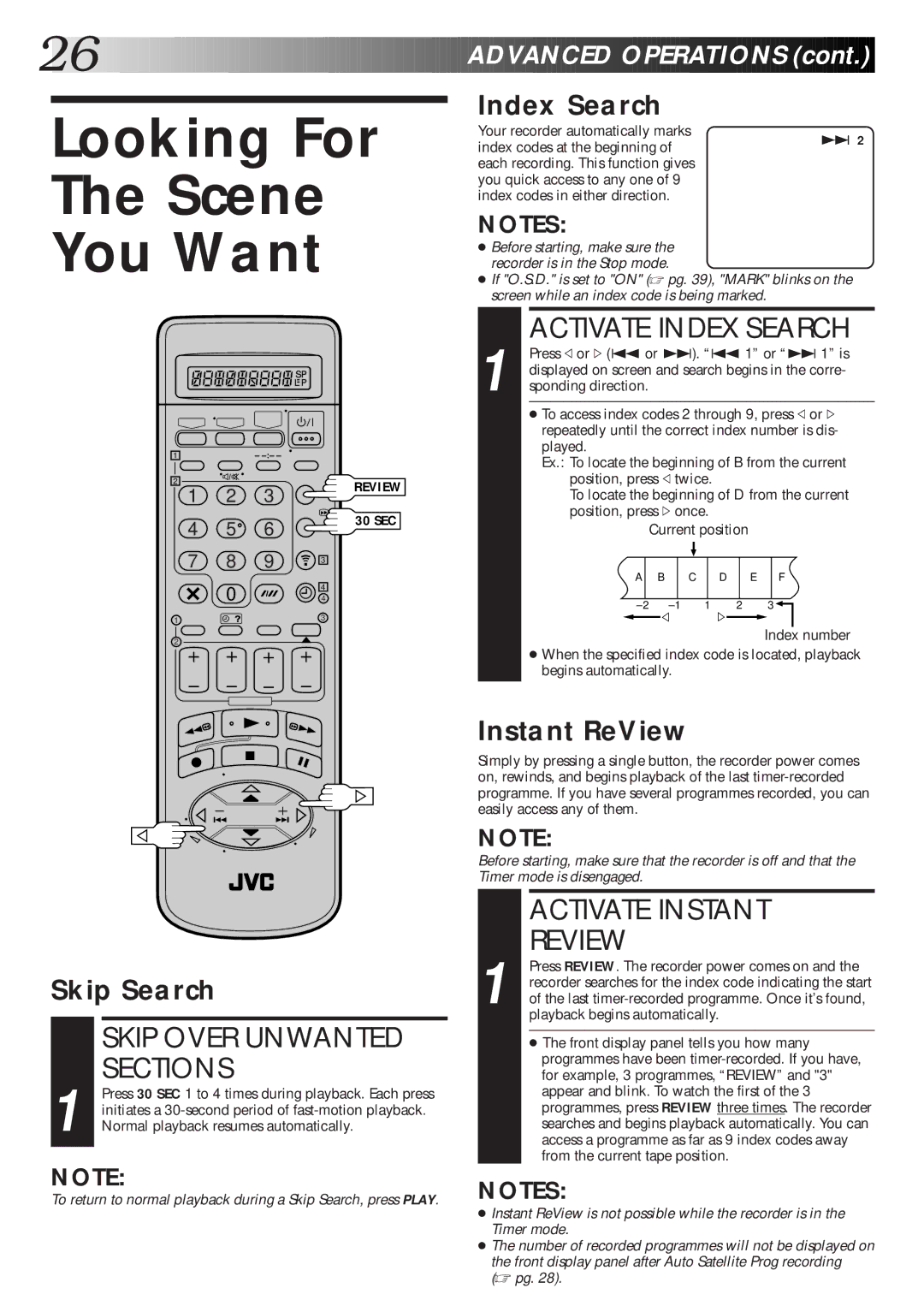 JVC HR-S7600EK Looking For Scene You Want, Activate Index Search, Skip Over Unwanted, Sections, Activate Instant Review 