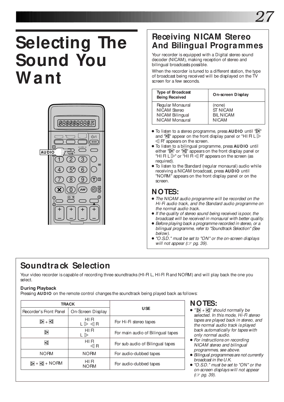 JVC HR-S7600EK setup guide Selecting Sound You Want, Receiving Nicam Stereo And Bilingual Programmes, Soundtrack Selection 