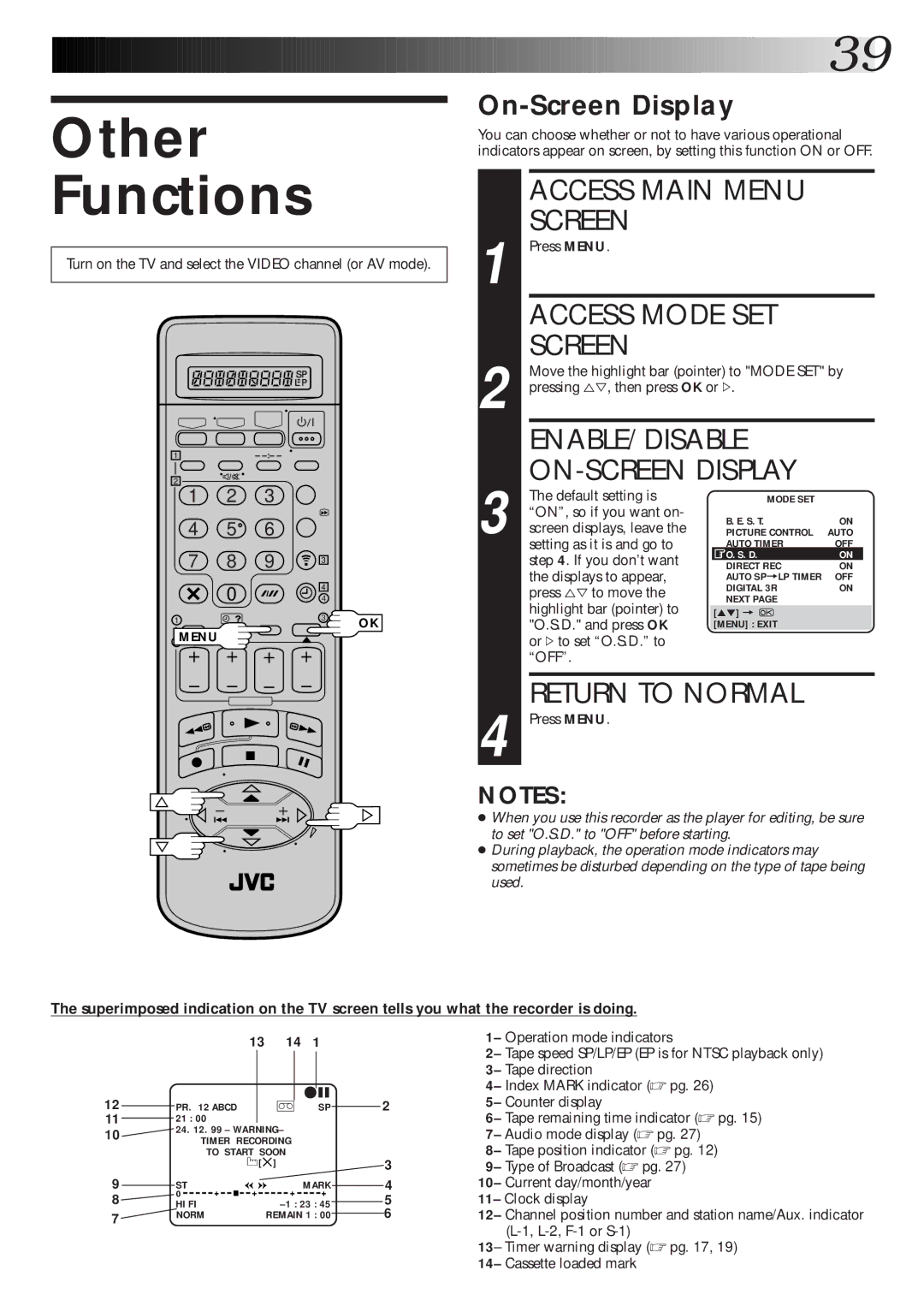 JVC HR-S7600EK setup guide Other Functions, Access Main Menu, Access Mode SET, Enable/Disable, ON-SCREEN Display 