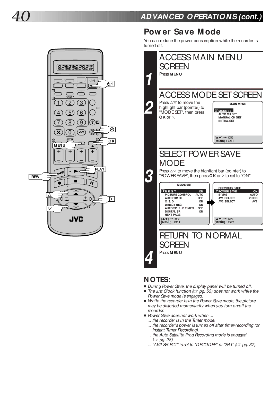 JVC HR-S7600EK setup guide Power Save Mode 