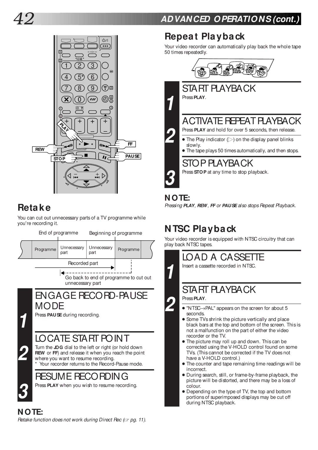 JVC HR-S7600EK setup guide Engage RECORD-PAUSE Mode, Resume Recording, Repeat Playback, Retake, Ntsc Playback 