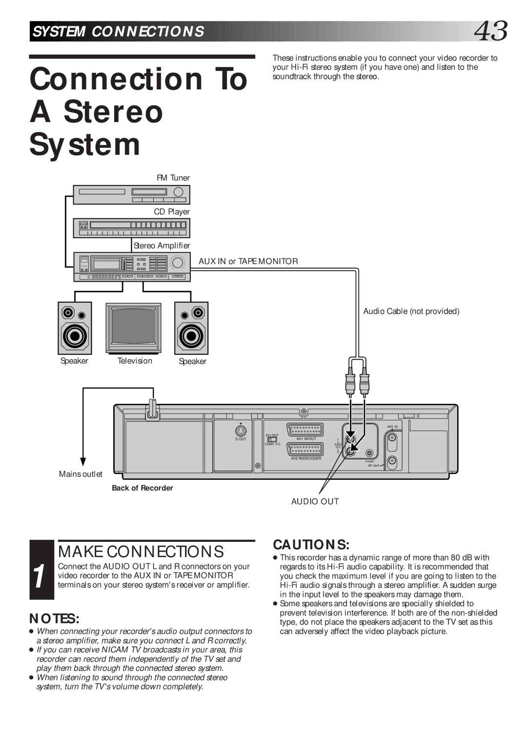 JVC HR-S7600EK setup guide Connection To Stereo System, Audio Cable not provided Speaker 