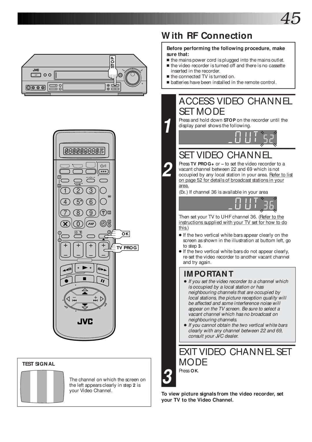 JVC HR-S7600EK setup guide With RF Connection, Test Signal 