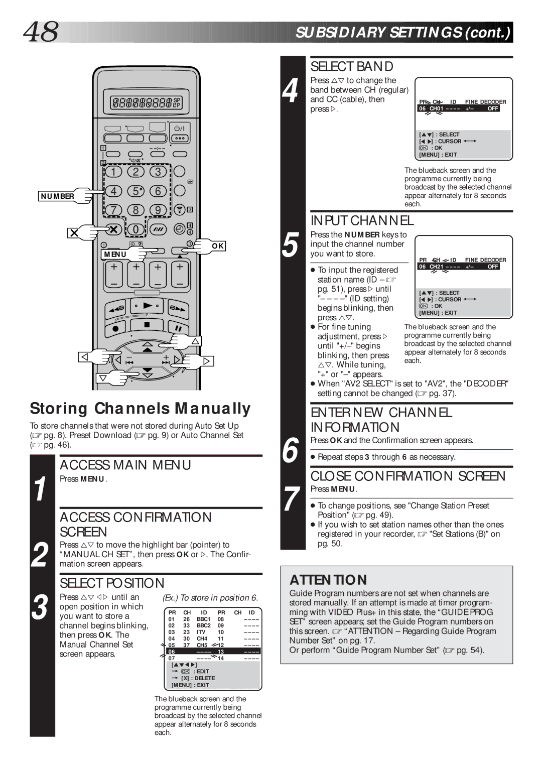 JVC HR-S7600EK Storing Channels Manually, Input Channel, Enter NEW Channel Information, Close Confirmation Screen 