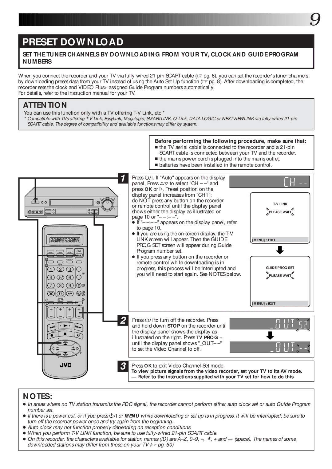 JVC HR-S7600EK or If -- appears on the display panel, refer, Link screen will appear. Then the Guide, Program number set 